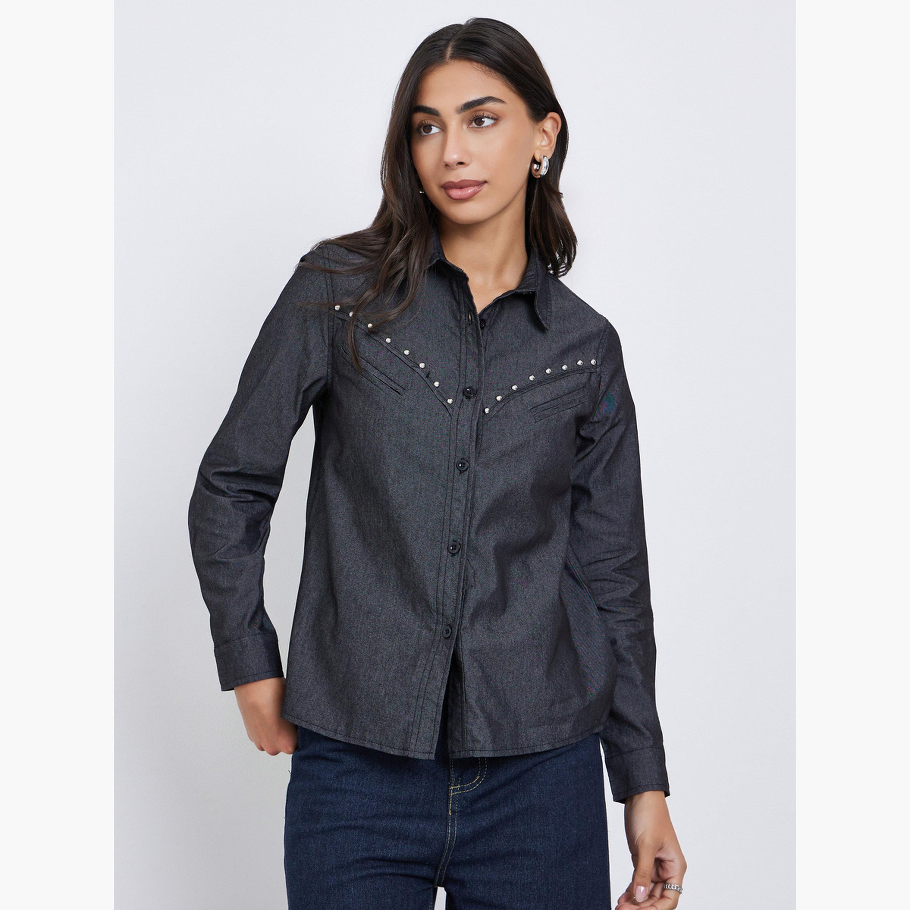 ستايلي - قميص جينز أسود مرصع بالمسامير بأكمام طويلة للنساء-women-clothing-shirtsandblouses-shirts-image-3