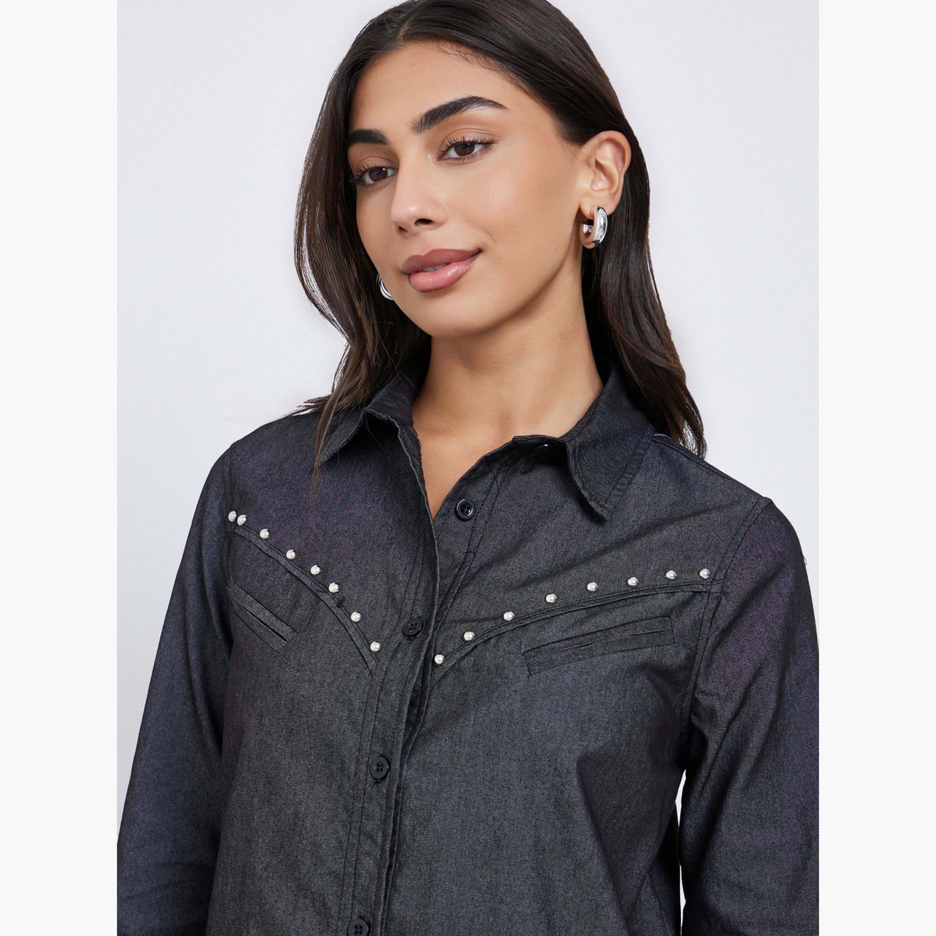 ستايلي - قميص جينز أسود مرصع بالمسامير بأكمام طويلة للنساء-women-clothing-shirtsandblouses-shirts-image-4