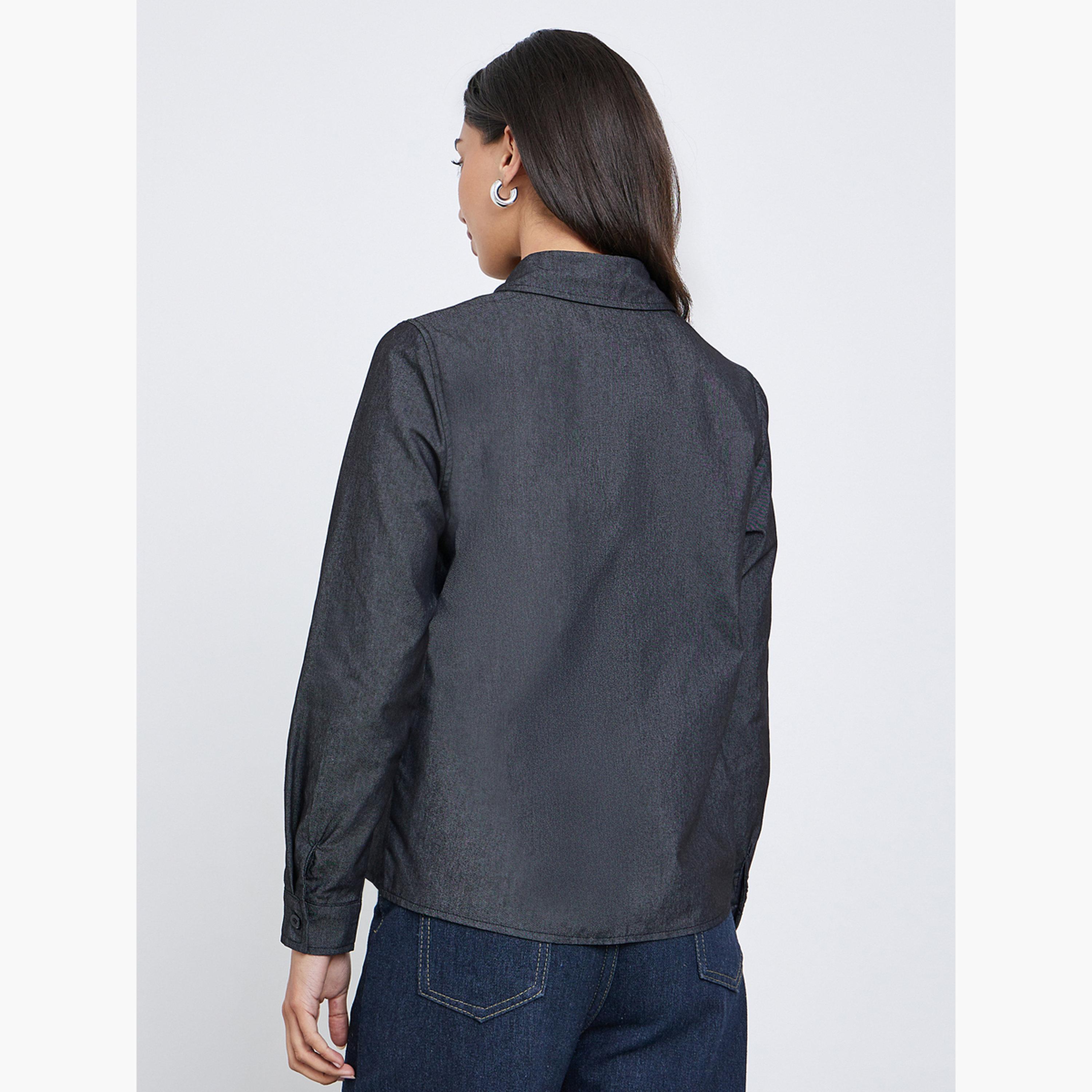 ستايلي - قميص جينز أسود مرصع بالمسامير بأكمام طويلة للنساء-women-clothing-shirtsandblouses-shirts-image-5