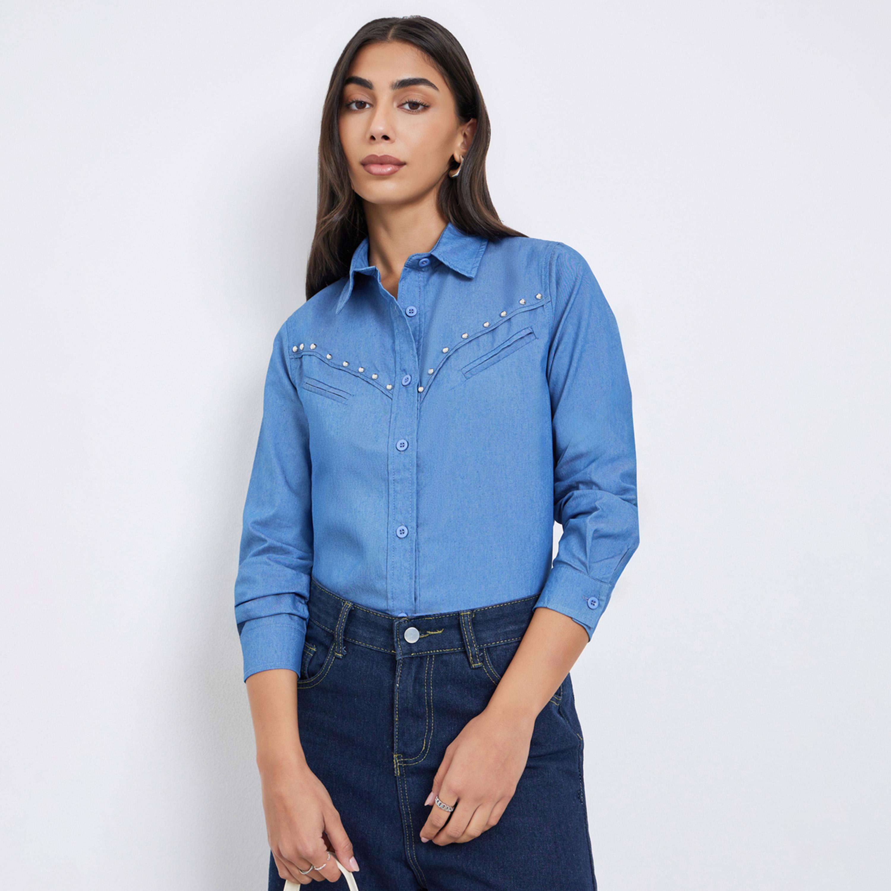 Styli Blue Studded Detail Long Sleeve Denim Shirt-women-clothing-shirtsandblouses-shirts-image-1