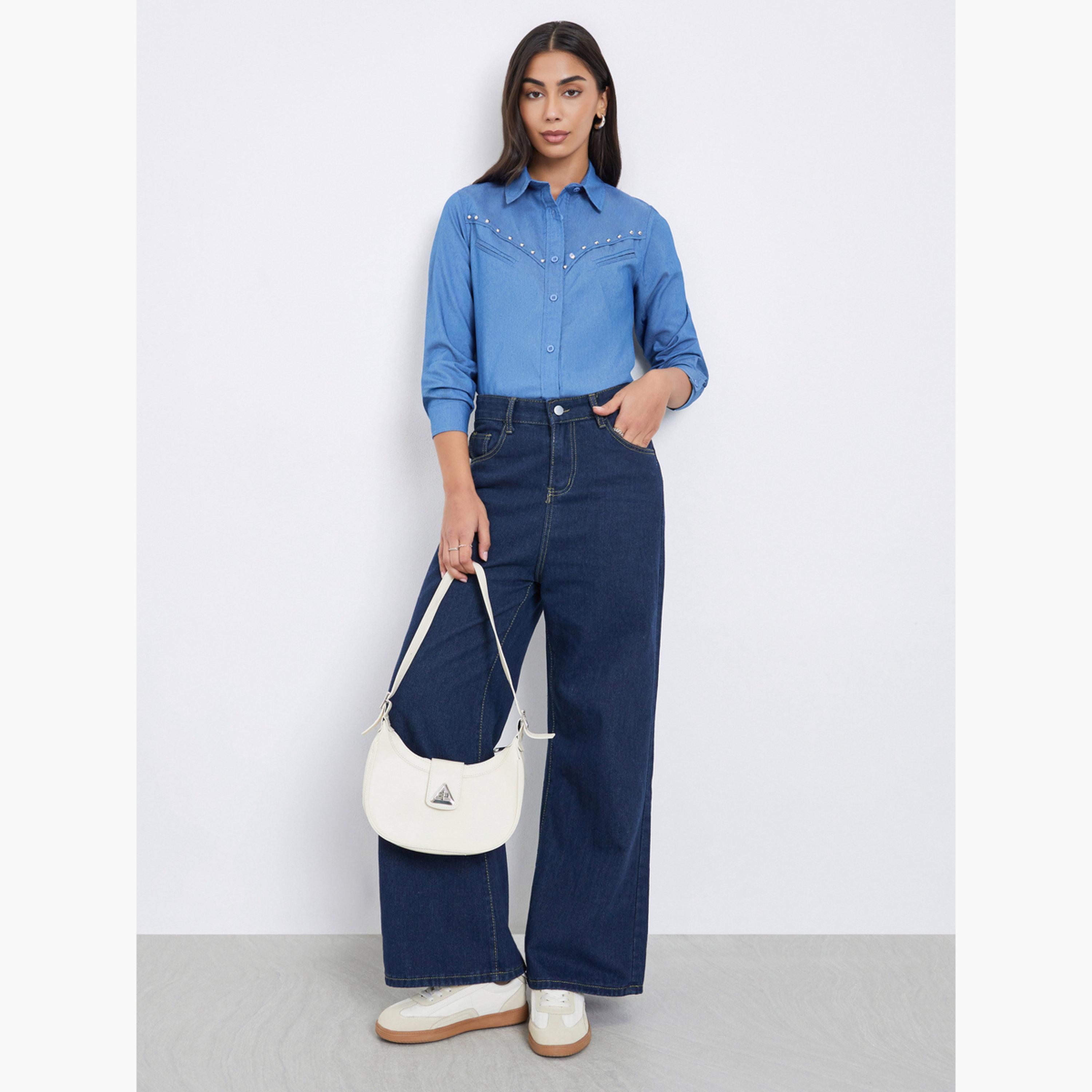 ستايلي - قميص جينز أزرق مرصع بالمسامير بأكمام طويلة-women-clothing-shirtsandblouses-shirts-image-2