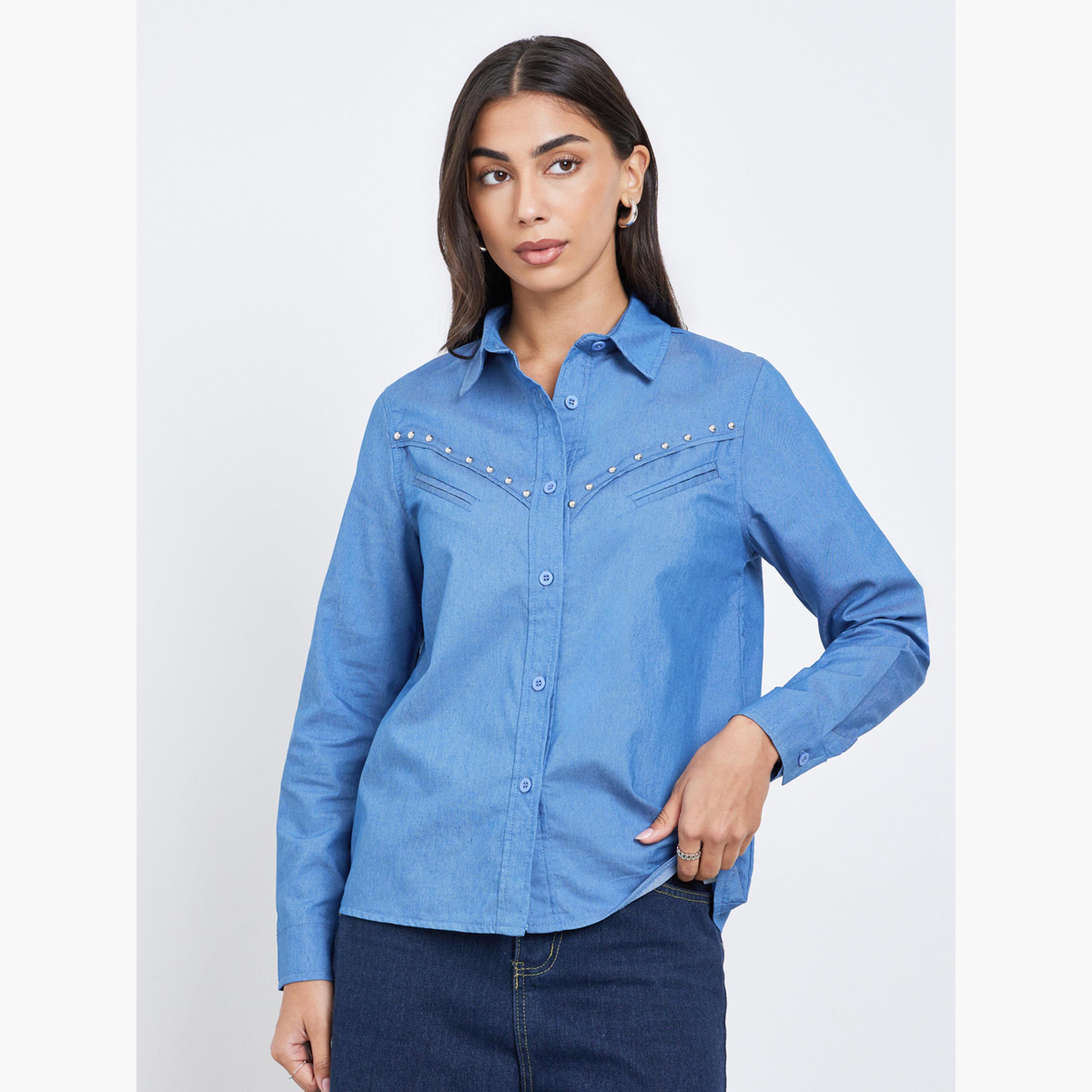 Styli Blue Studded Detail Long Sleeve Denim Shirt-women-clothing-shirtsandblouses-shirts-image-3