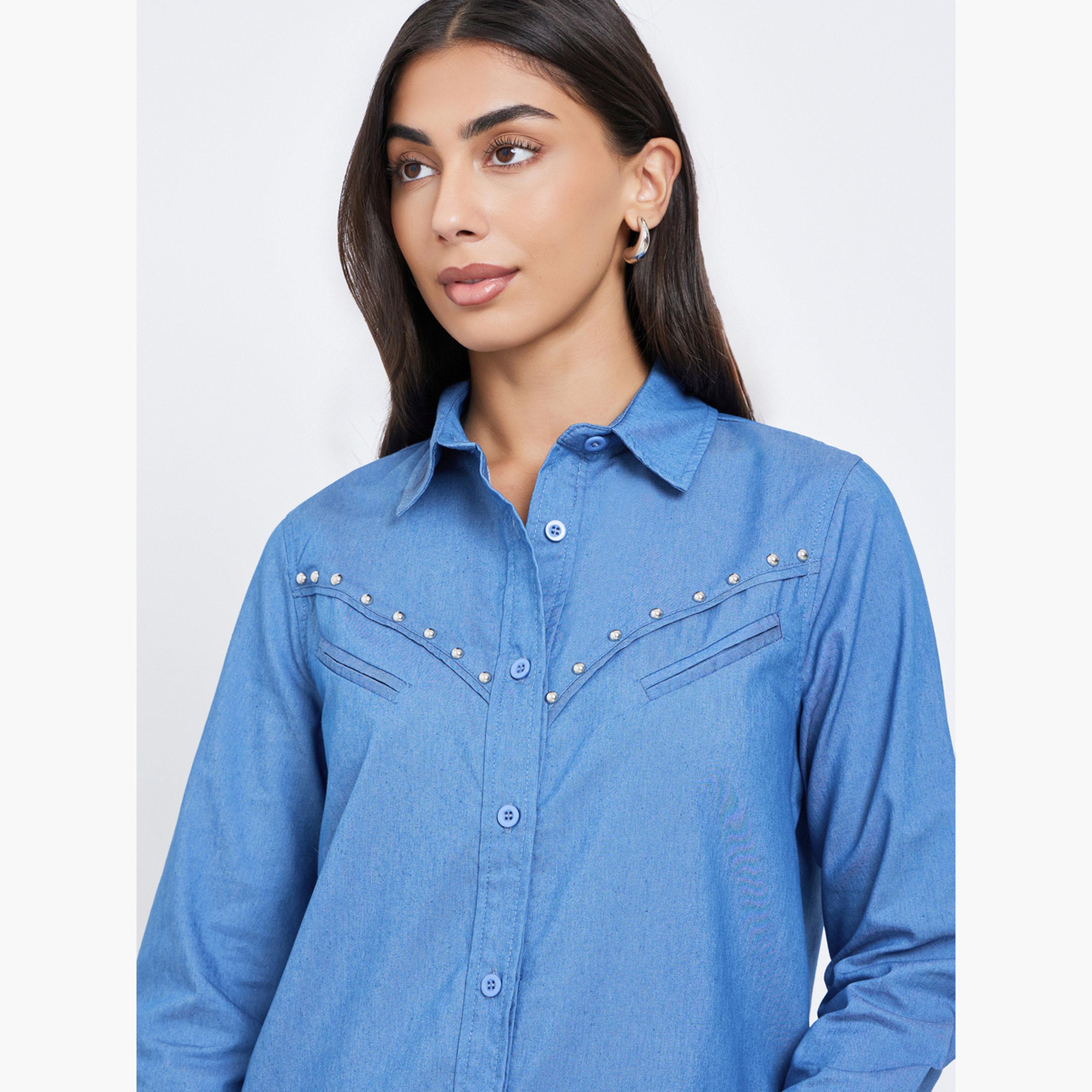ستايلي - قميص جينز أزرق مرصع بالمسامير بأكمام طويلة-women-clothing-shirtsandblouses-shirts-image-4