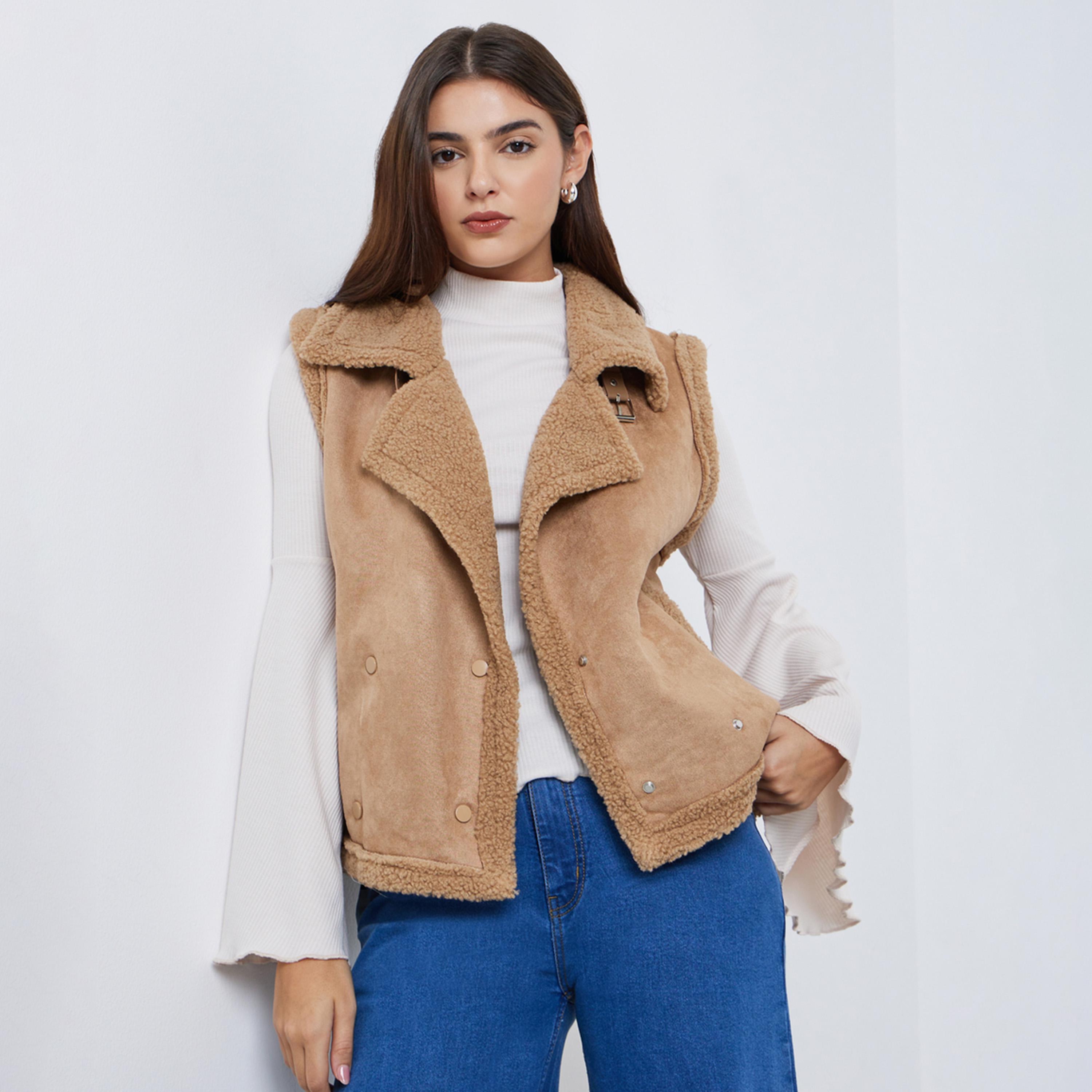Styli Beige Sleeveless Faux Fur Lining Gilet-women-winterwear-coatsandjackets-jackets-image-1