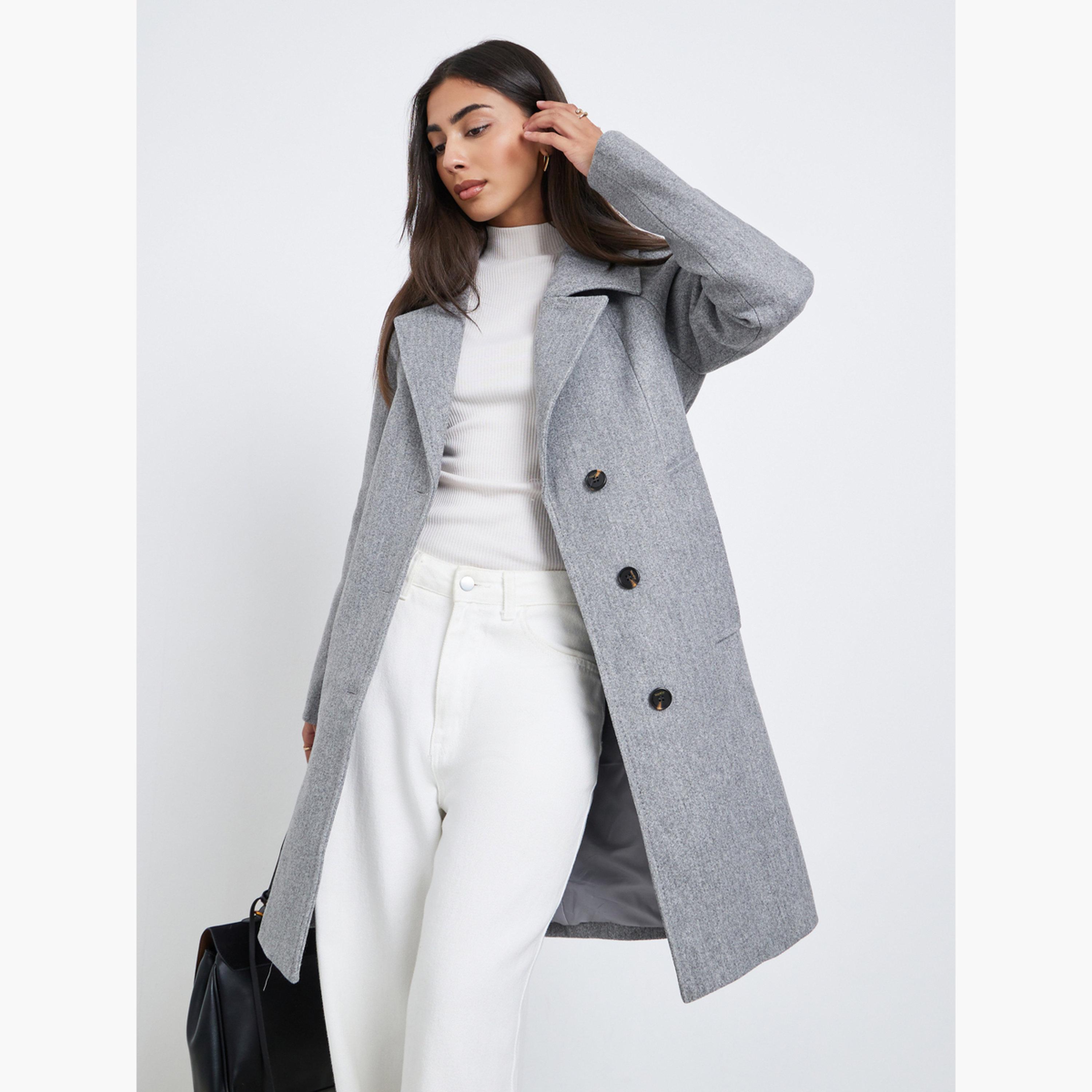 Styli Grey Solid Regular Fit Wool Like Collared Long Sleeves Women's Buttoned Belted Coat-women-clothing-coatsandjackets-coats-image-1
