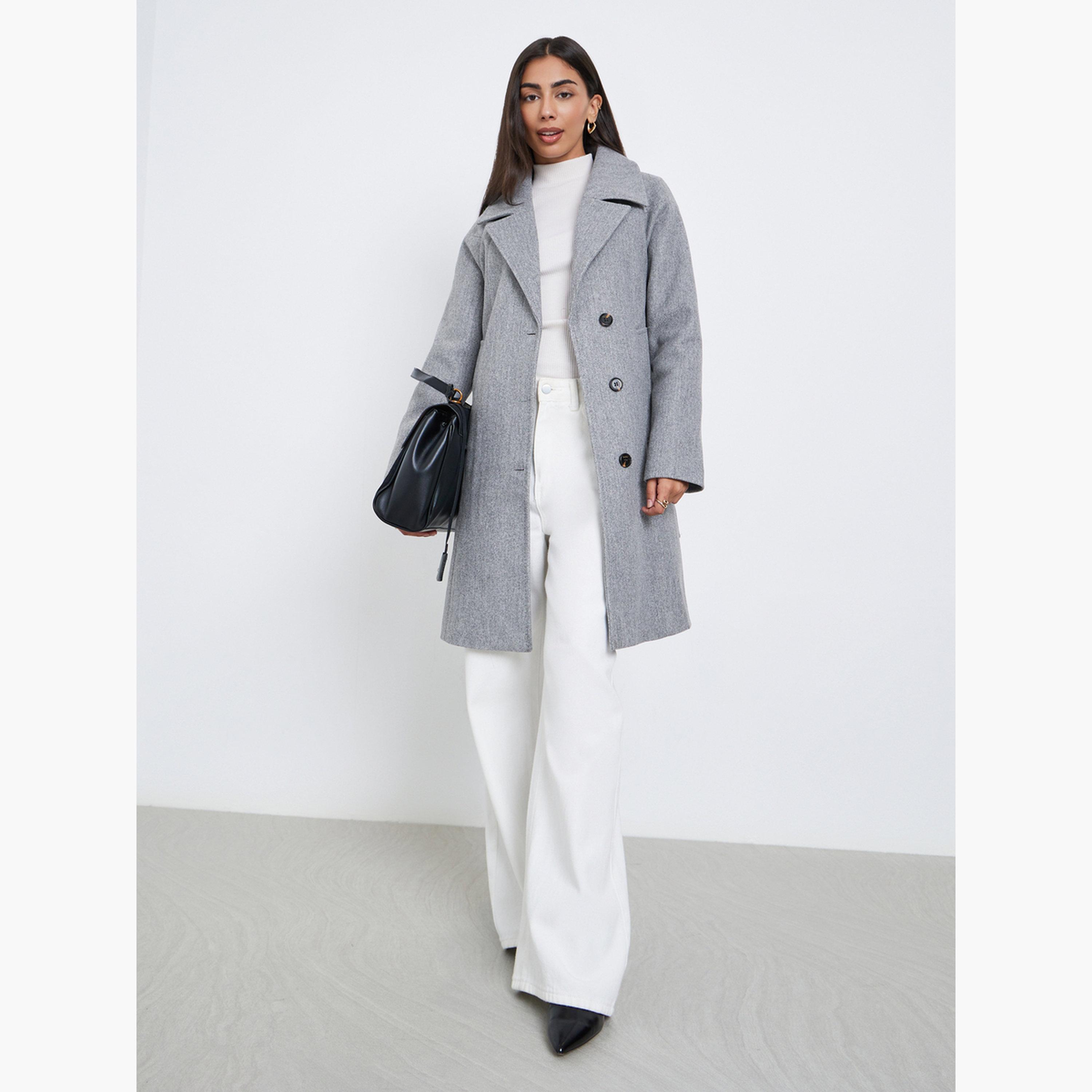 ستايلي - معطف رمادي بقصة عادية يشبه الصوف مع حزام للنساء -women-clothing-coatsandjackets-coats-image-2