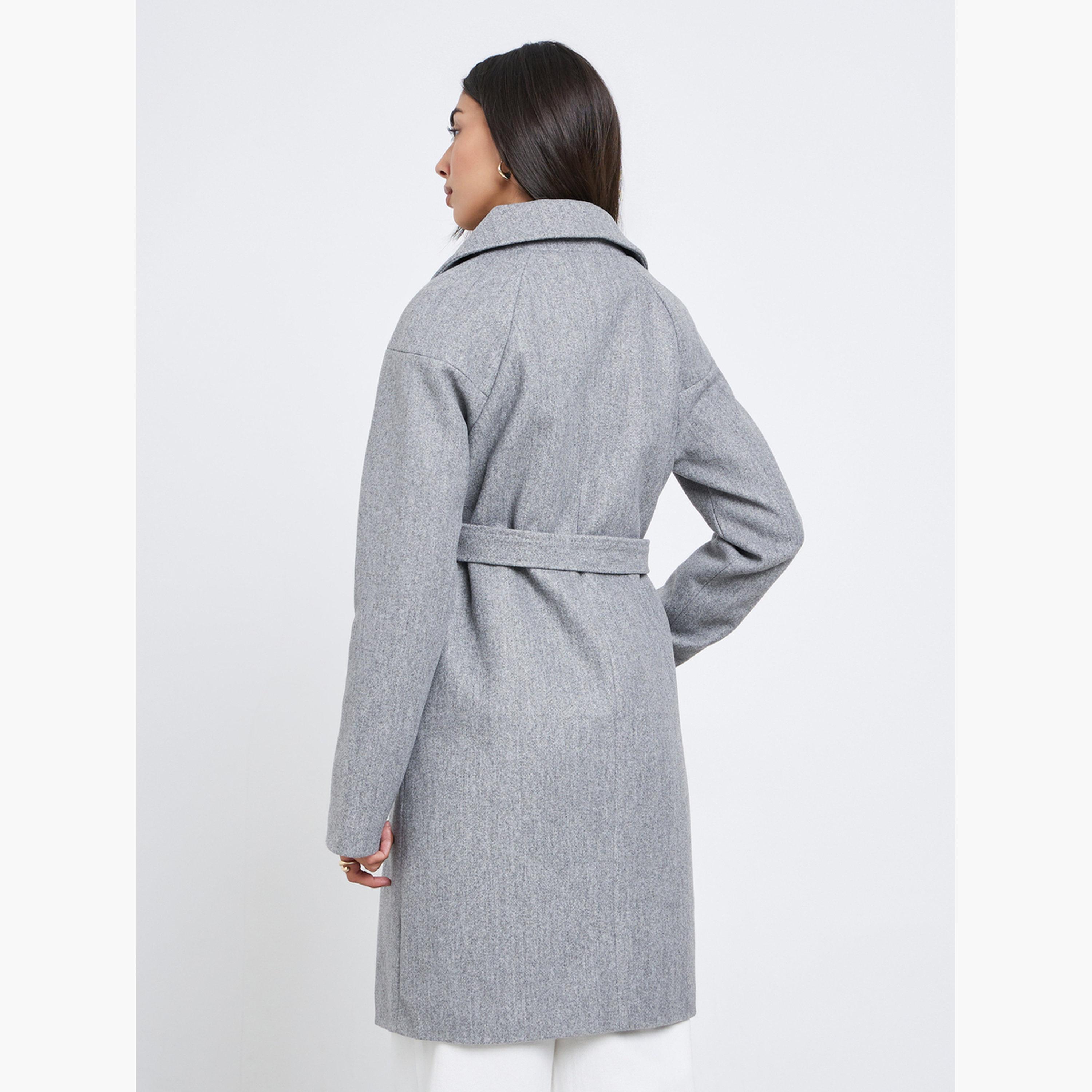 Styli Grey Solid Regular Fit Wool Like Collared Long Sleeves Women's Buttoned Belted Coat-women-clothing-coatsandjackets-coats-image-3