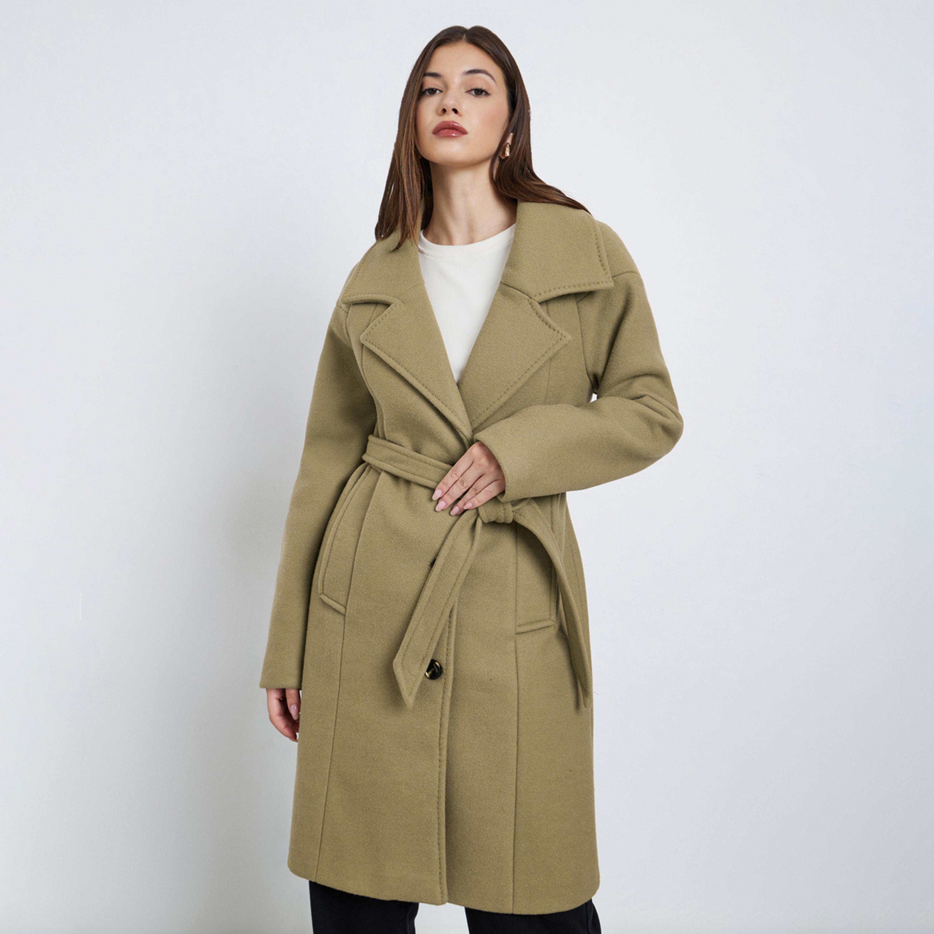 Styli Women Khaki Regular Fit Wool Like Belted Coat-women-clothing-coatsandjackets-coats-image-1