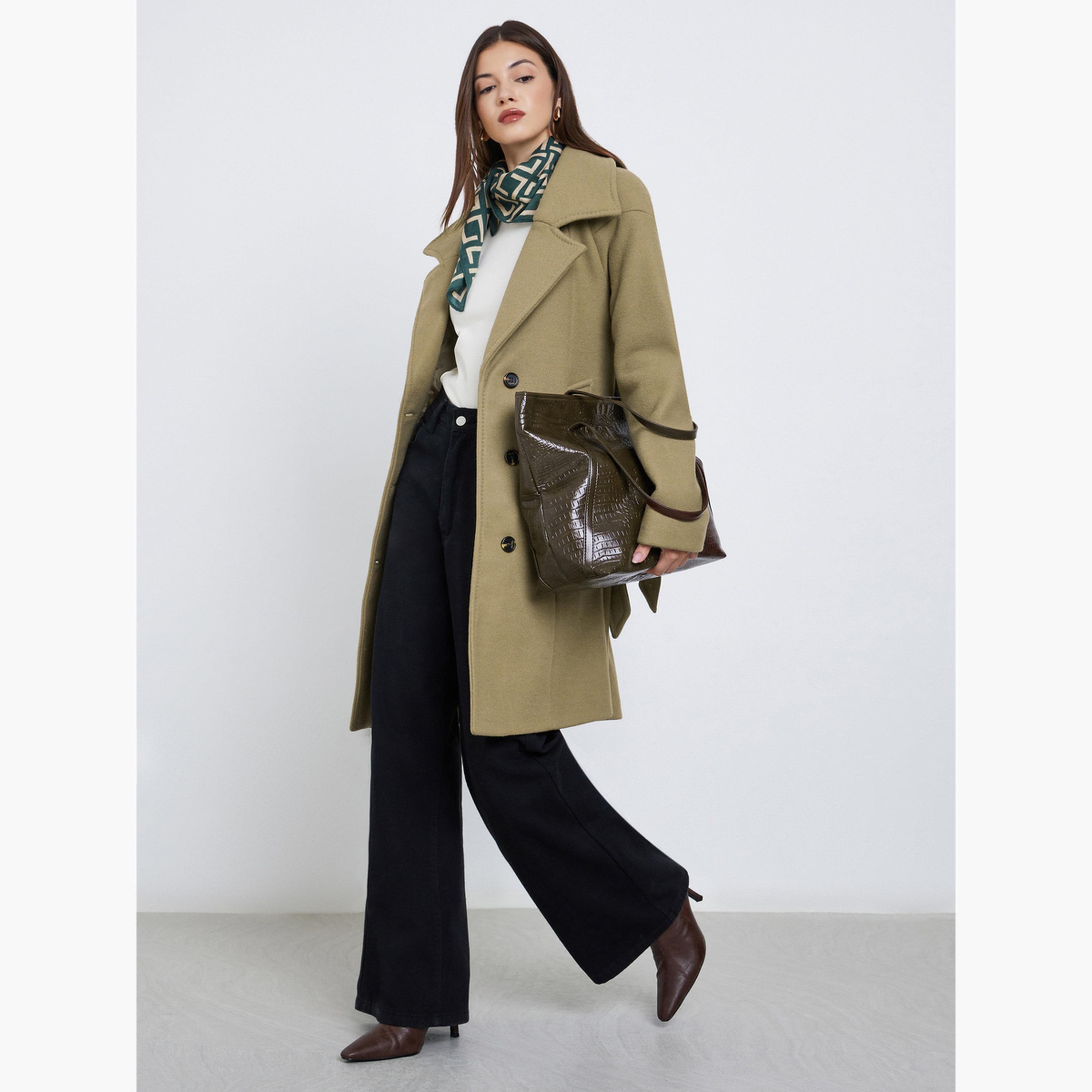 ستايلي - معطف كاكي بقصة عادية يشبه الصوف مع حزام-women-clothing-coatsandjackets-coats-image-2