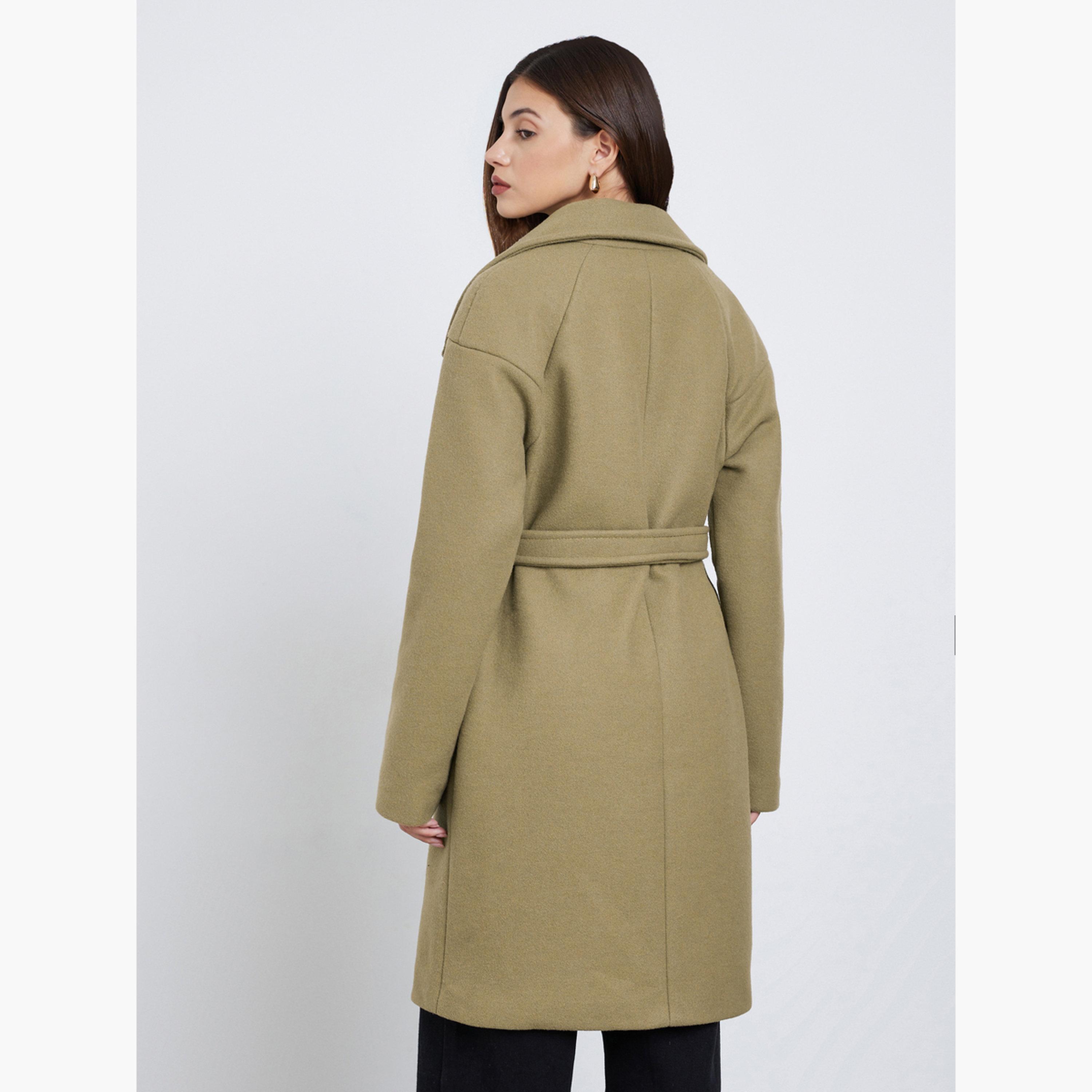 Styli Women Khaki Regular Fit Wool Like Belted Coat-women-clothing-coatsandjackets-coats-image-4