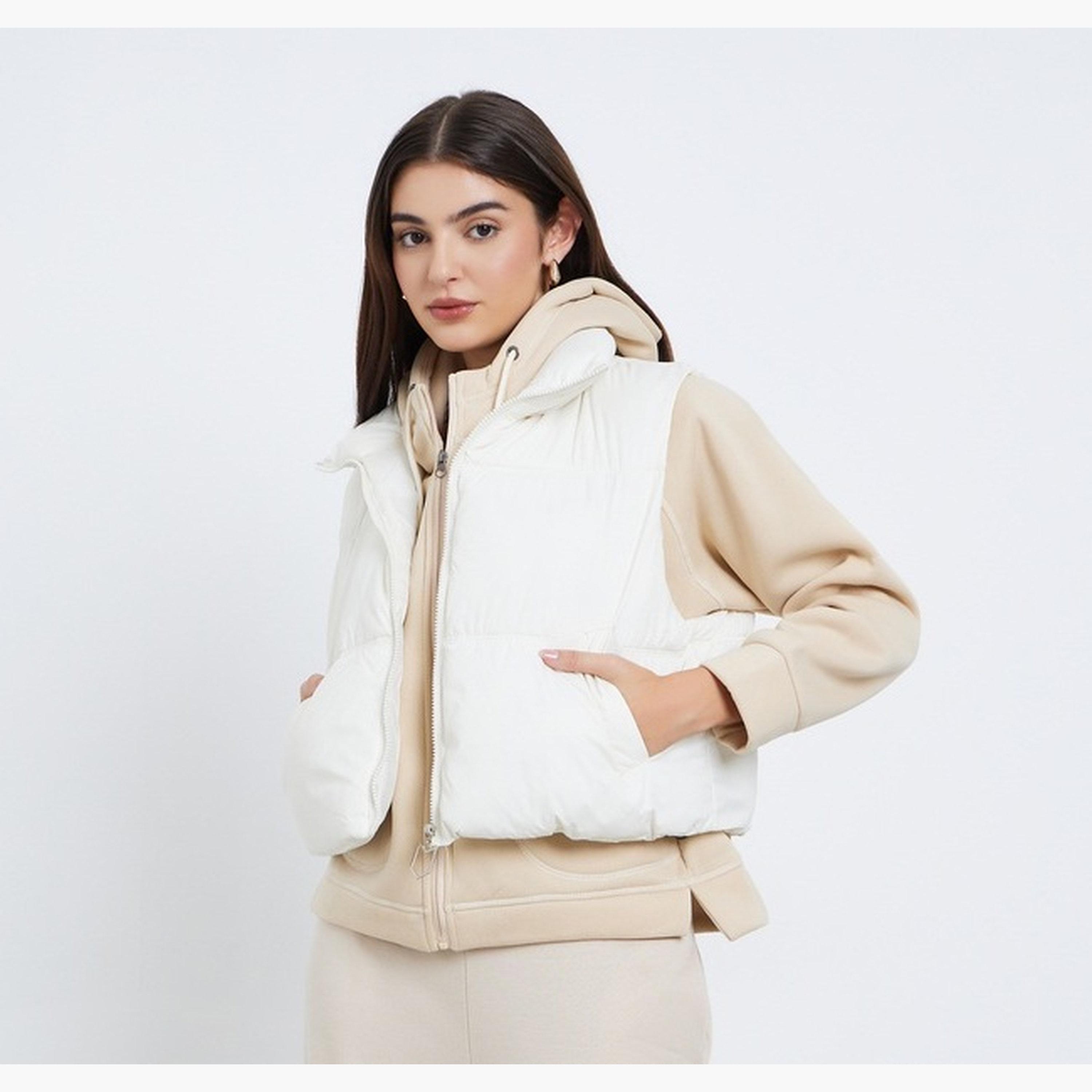 Styli Solid Hooded Neck Sleeveless Women's Zip Through Padded Jacket-women-winterwear-coatsandjackets-jackets-image-1