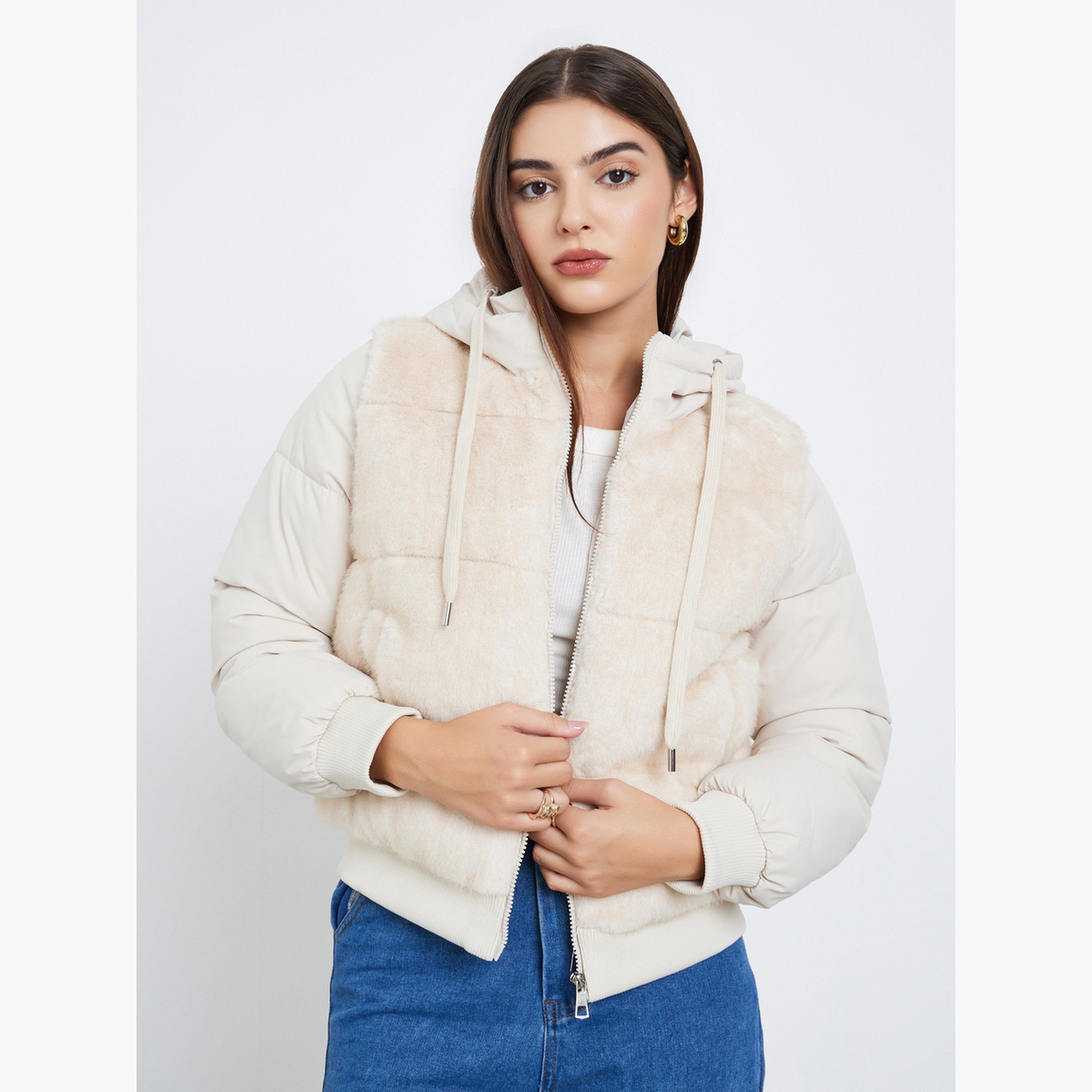 Styli Solid Hooded Neck Long Sleeves Women's Zip Through Padded Jacket-women-winterwear-coatsandjackets-jackets-image-1