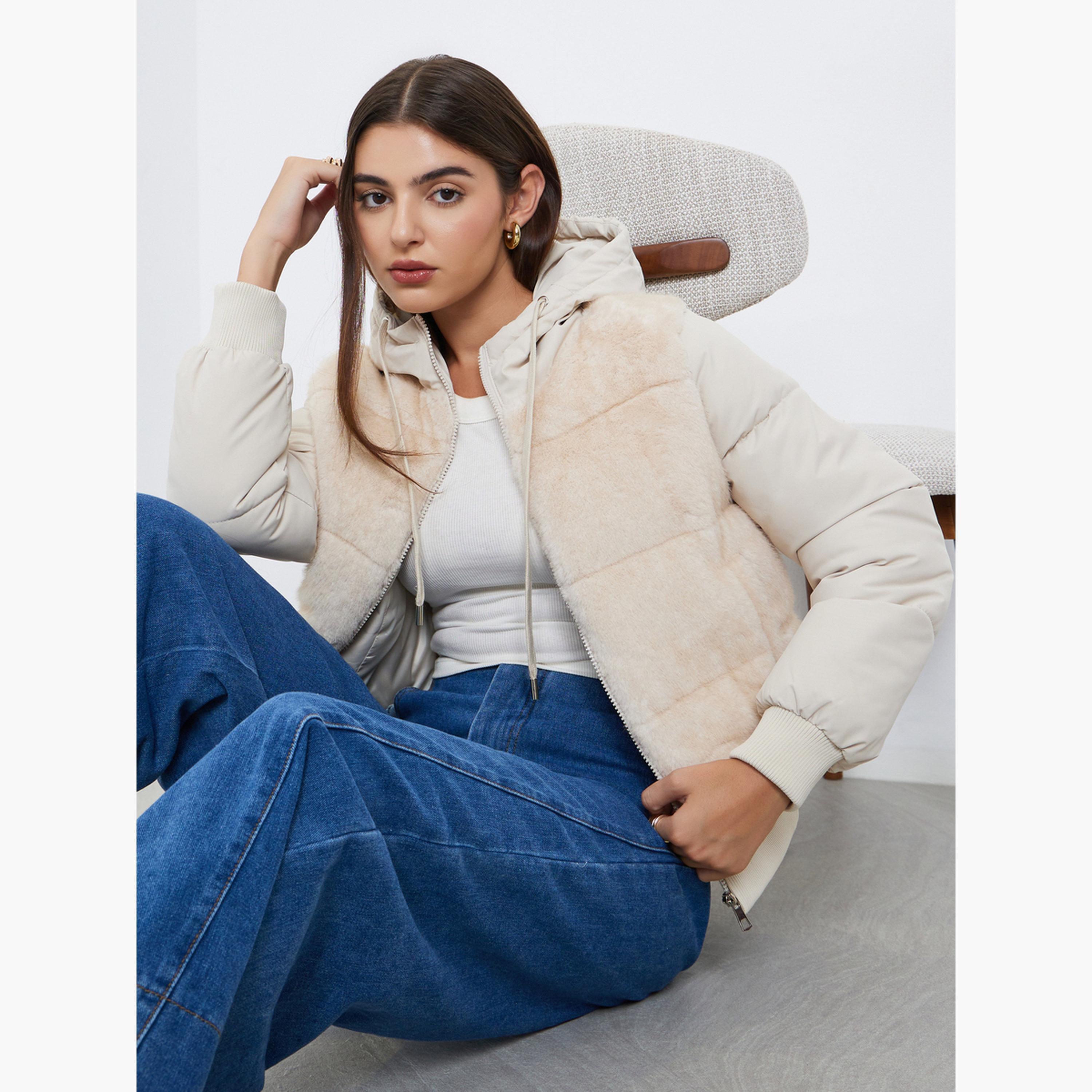 Styli Solid Hooded Neck Long Sleeves Women's Zip Through Padded Jacket-women-winterwear-coatsandjackets-jackets-image-3