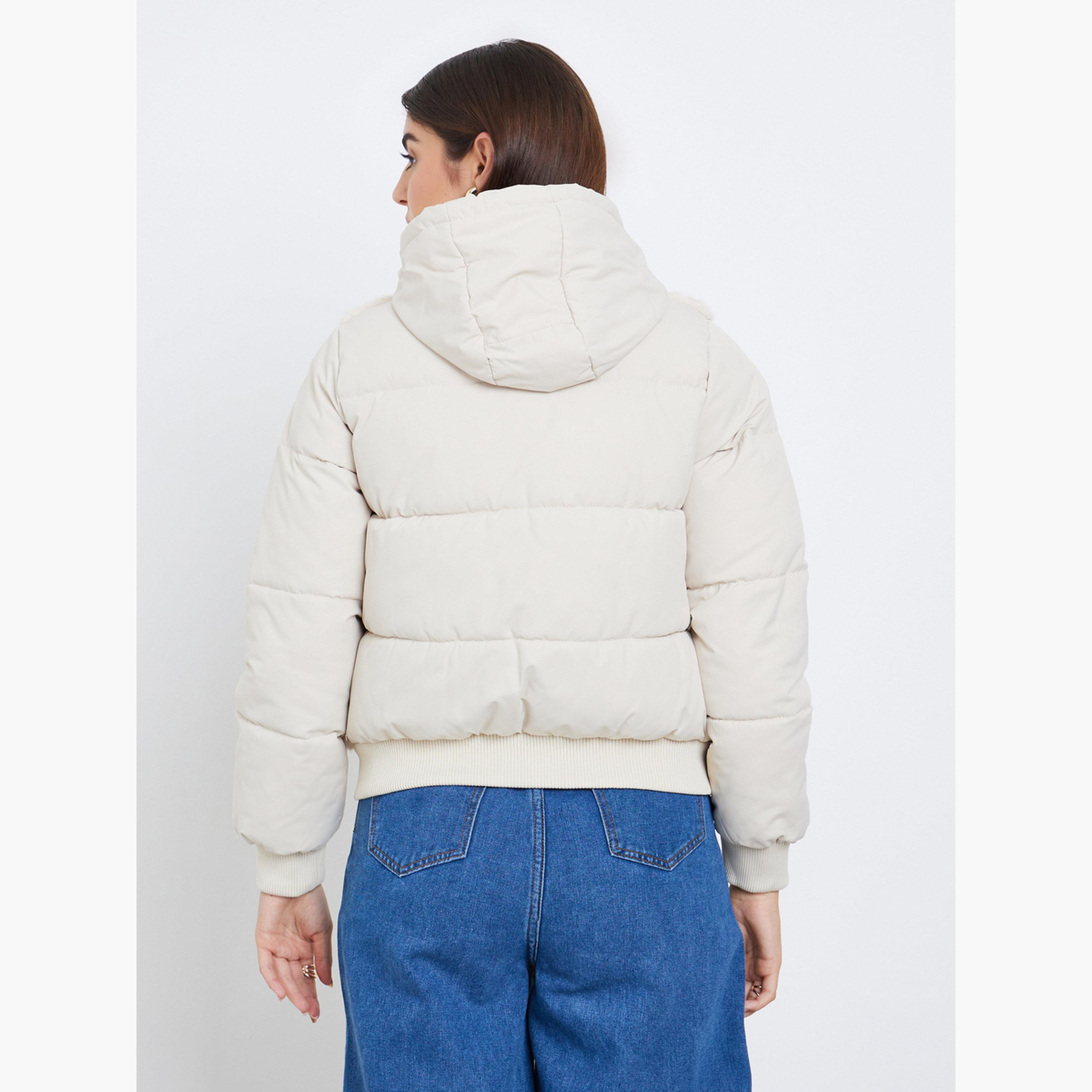 Styli Solid Hooded Neck Long Sleeves Women's Zip Through Padded Jacket-women-winterwear-coatsandjackets-jackets-image-4