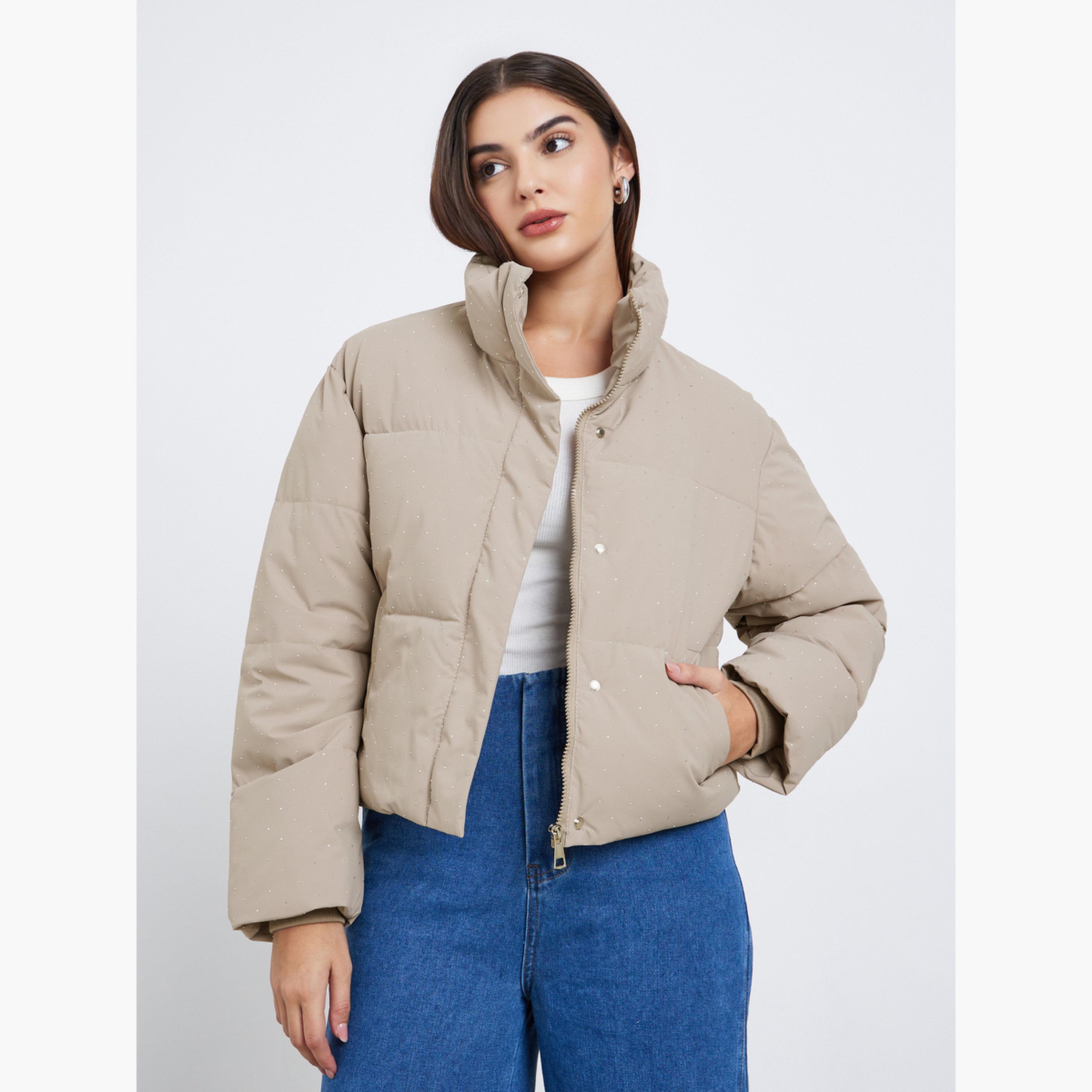 Styli Solid High Neck Long Sleeves Women's Zip Through Padded Jacket-women-winterwear-coatsandjackets-jackets-image-1