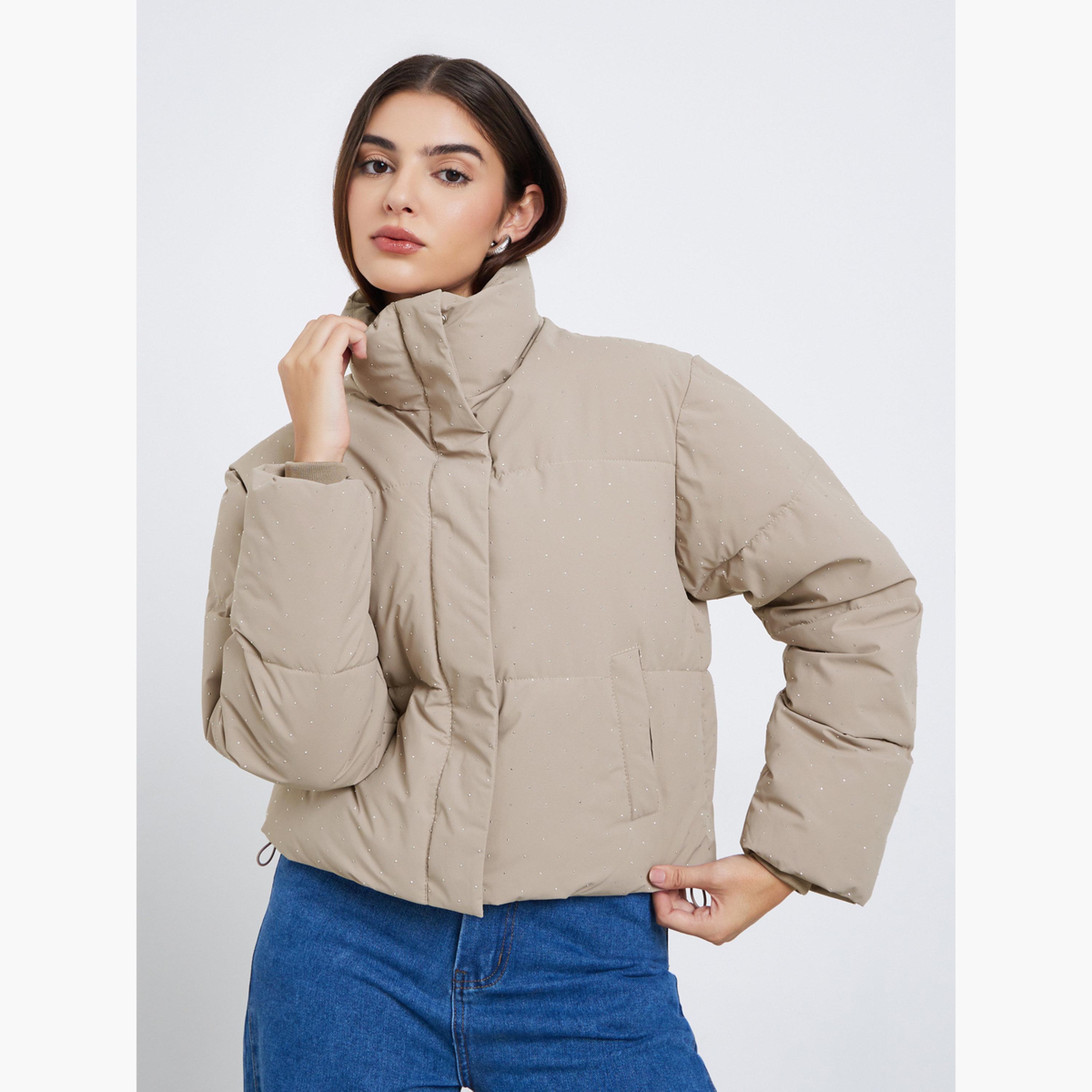 Styli Solid High Neck Long Sleeves Women's Zip Through Padded Jacket-women-winterwear-coatsandjackets-jackets-image-3