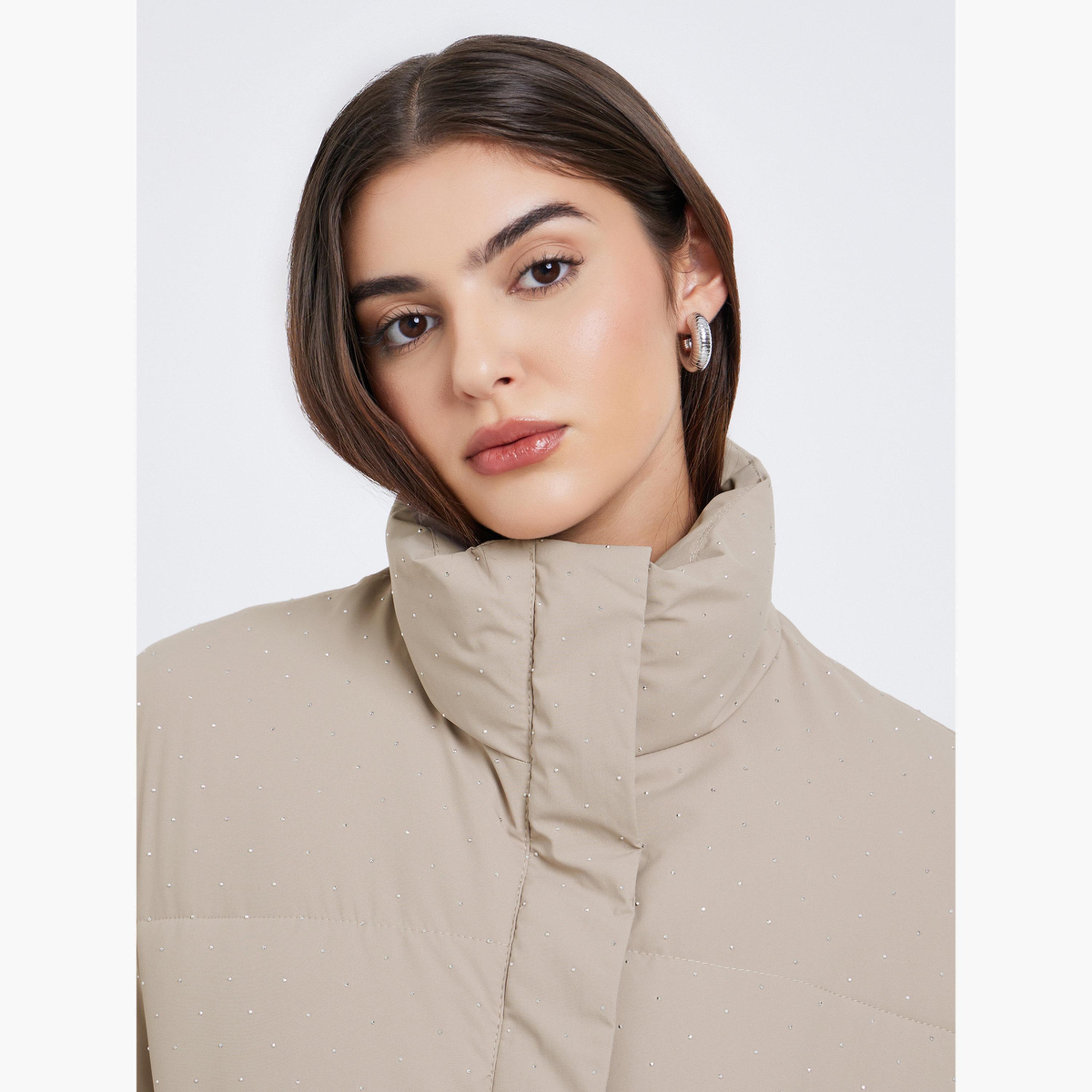 Styli Solid High Neck Long Sleeves Women's Zip Through Padded Jacket-women-winterwear-coatsandjackets-jackets-image-4