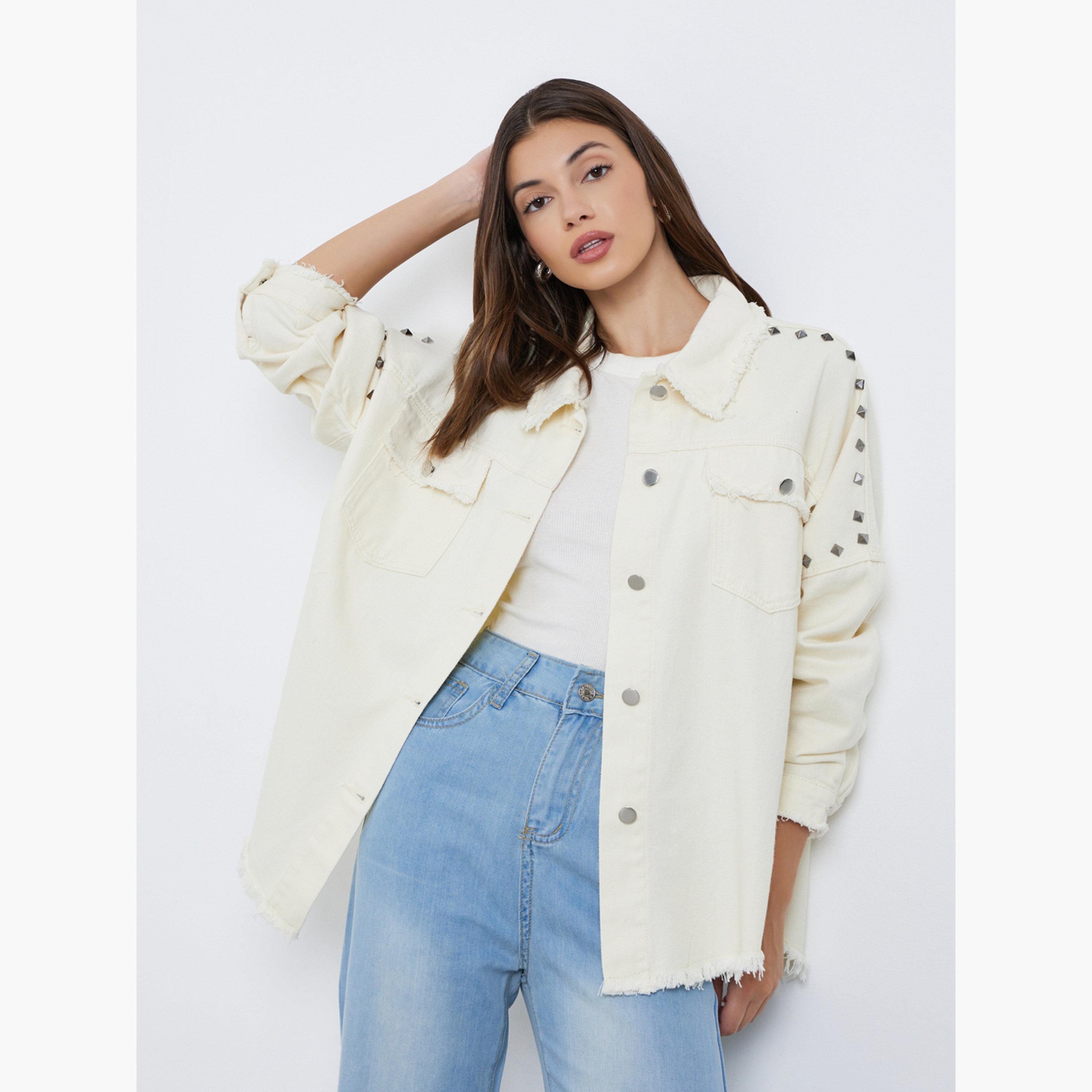 Styli Women Cream Studded Oversized Denim Shirt with Frayed Edge-women-clothing-shirtsandblouses-shirts-image-1