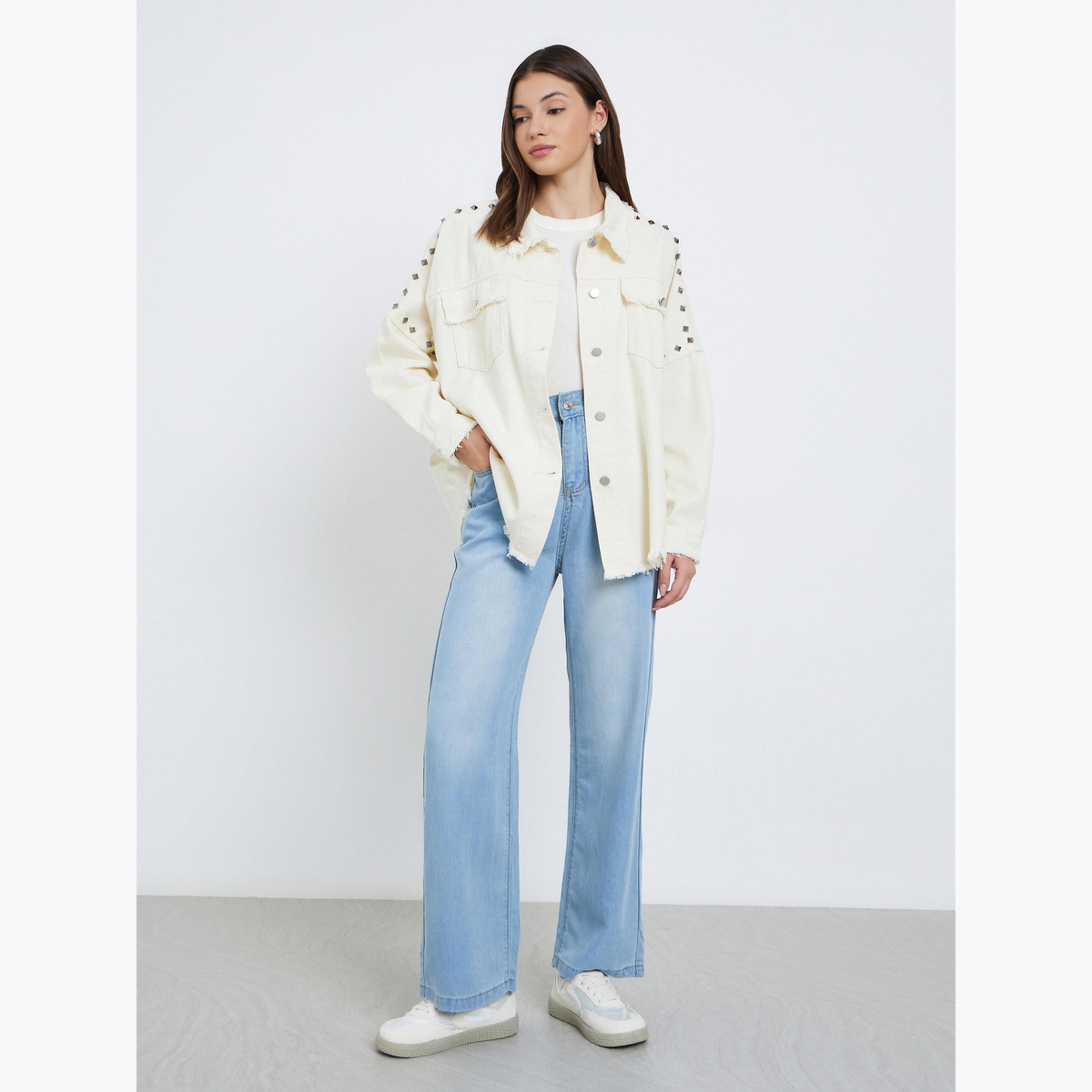 Styli Women Cream Studded Oversized Denim Shirt with Frayed Edge-women-clothing-shirtsandblouses-shirts-image-2