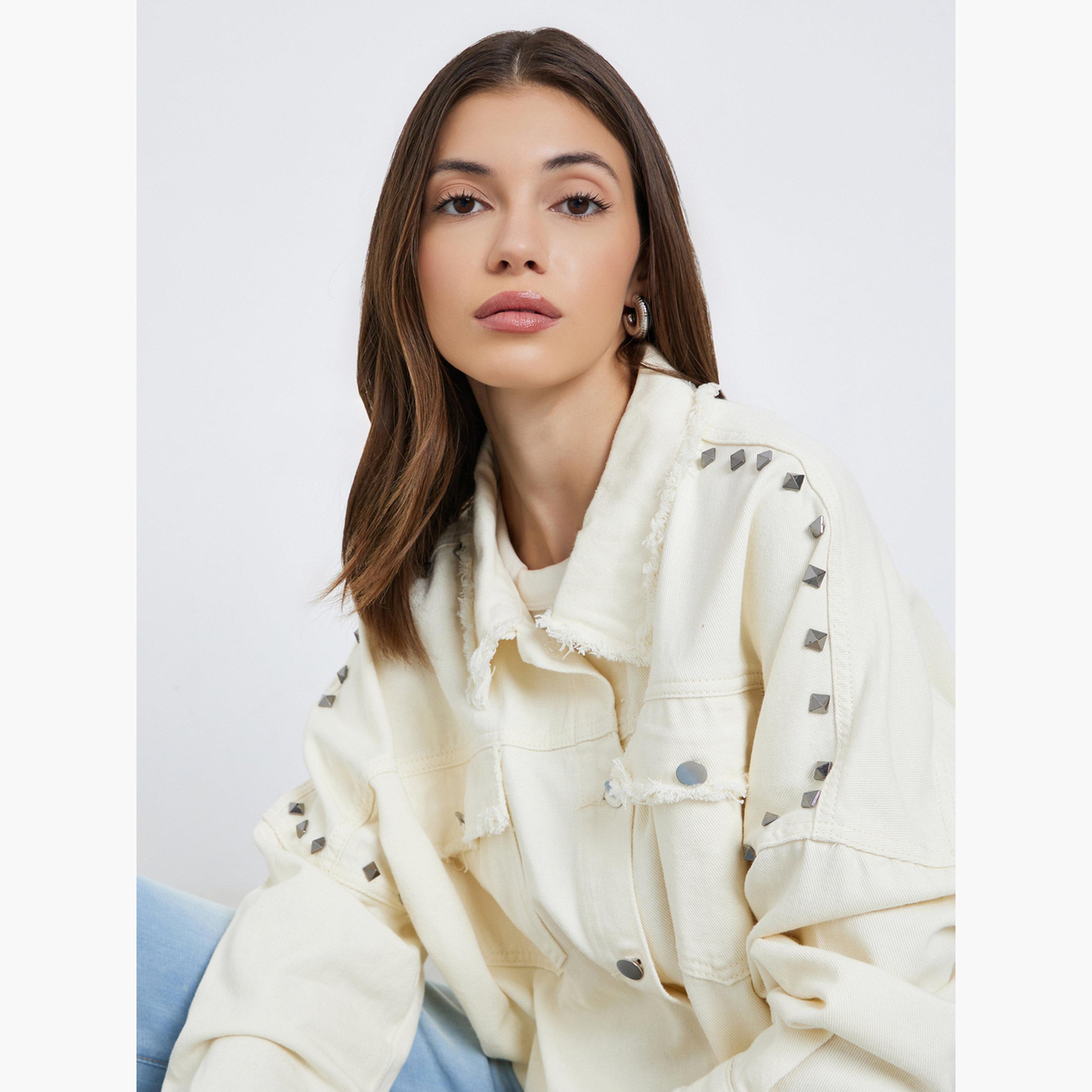 Styli Women Cream Studded Oversized Denim Shirt with Frayed Edge-women-clothing-shirtsandblouses-shirts-image-3