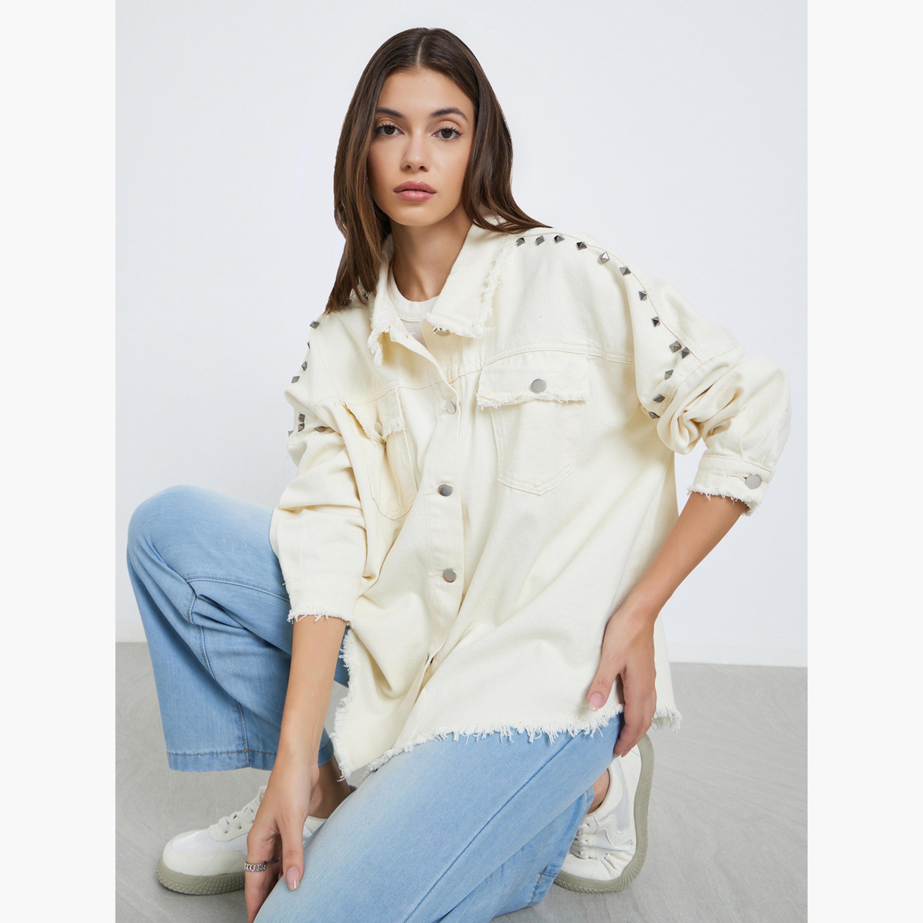 Styli Women Cream Studded Oversized Denim Shirt with Frayed Edge-women-clothing-shirtsandblouses-shirts-image-4