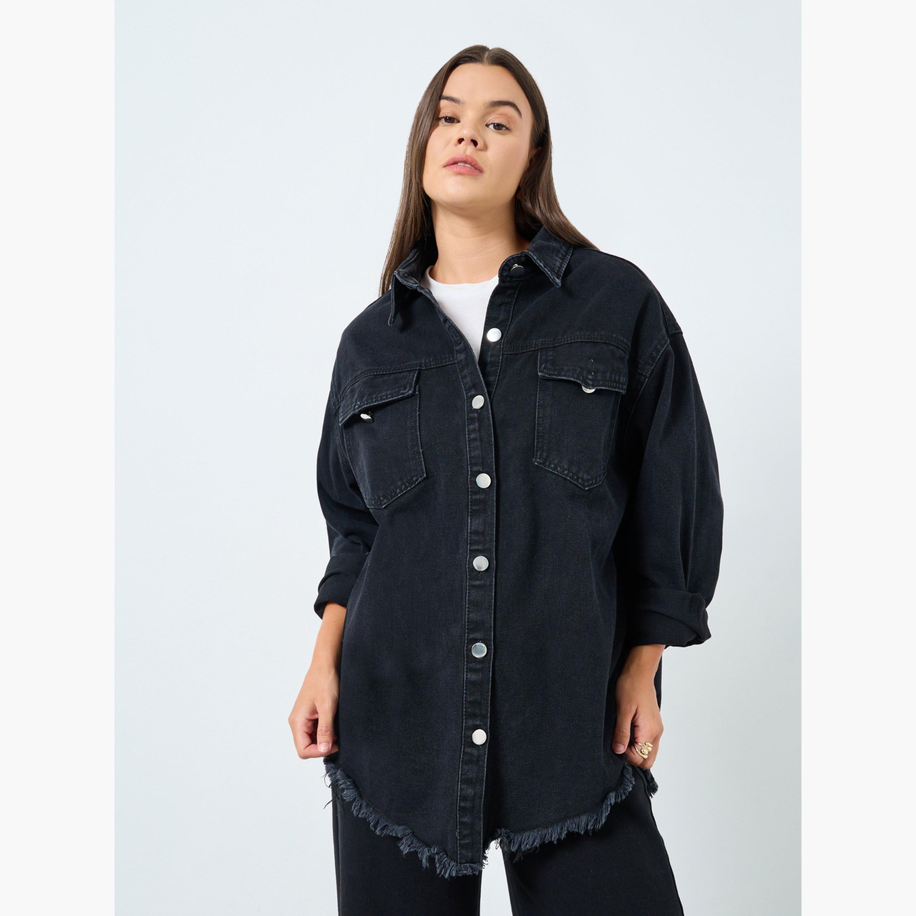 ستايلي - قميص جينز أسود سادة تصميم واسع مع جيوب للنساء-women-clothing-shirtsandblouses-shirts-image-1