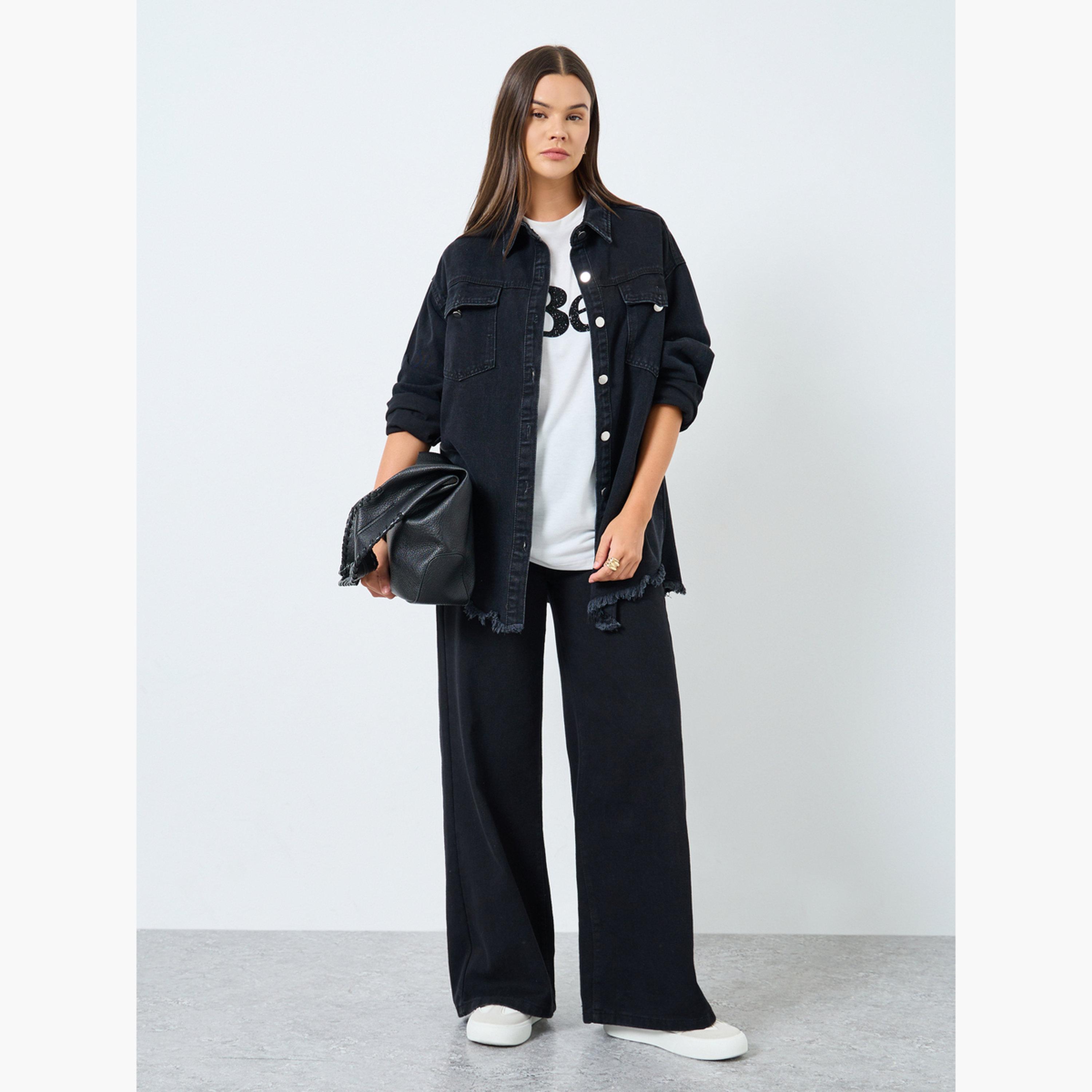 Styli Women Black Plain Oversized Denim Shirt with Pockets-women-clothing-shirtsandblouses-shirts-image-2