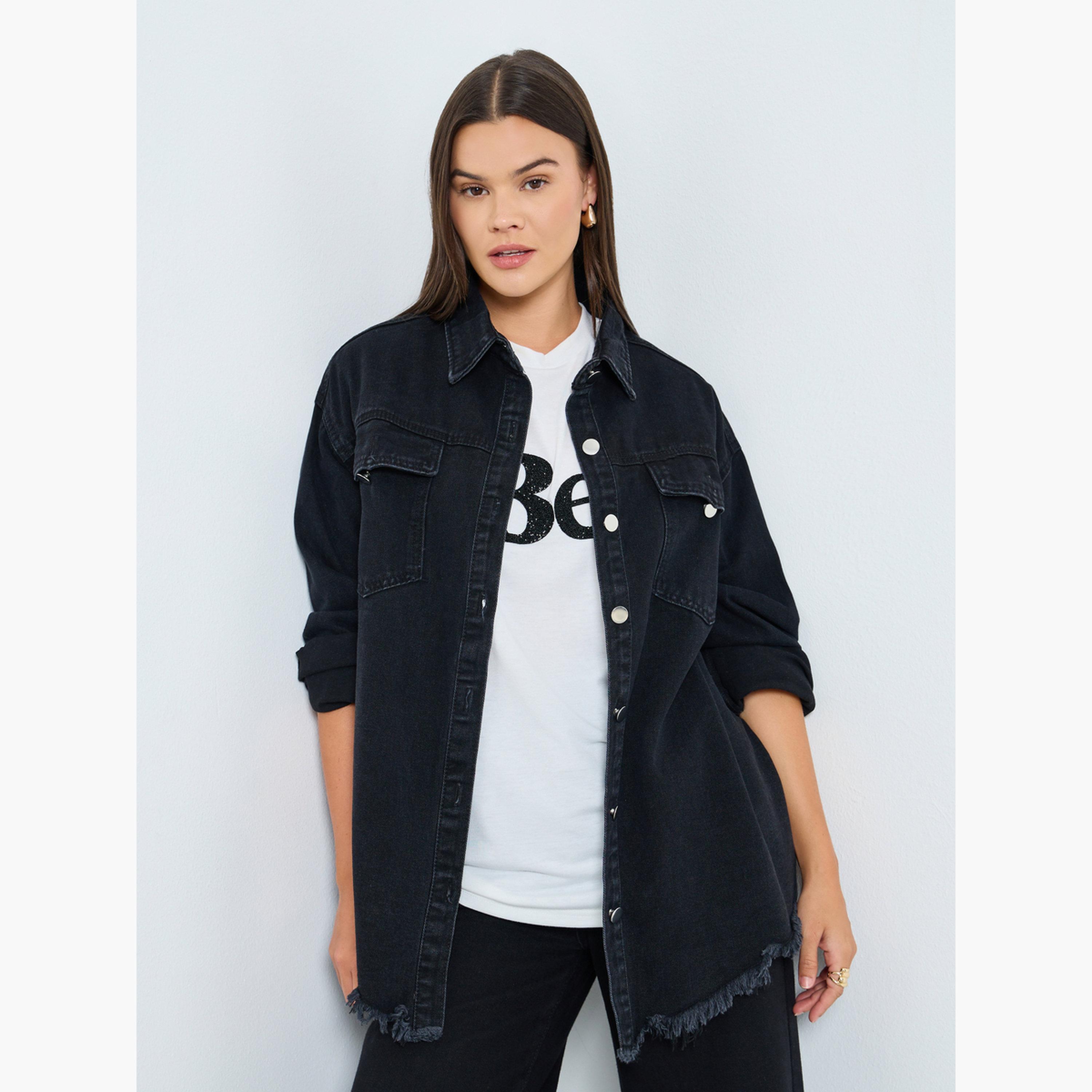 Styli Women Black Plain Oversized Denim Shirt with Pockets-women-clothing-shirtsandblouses-shirts-image-3