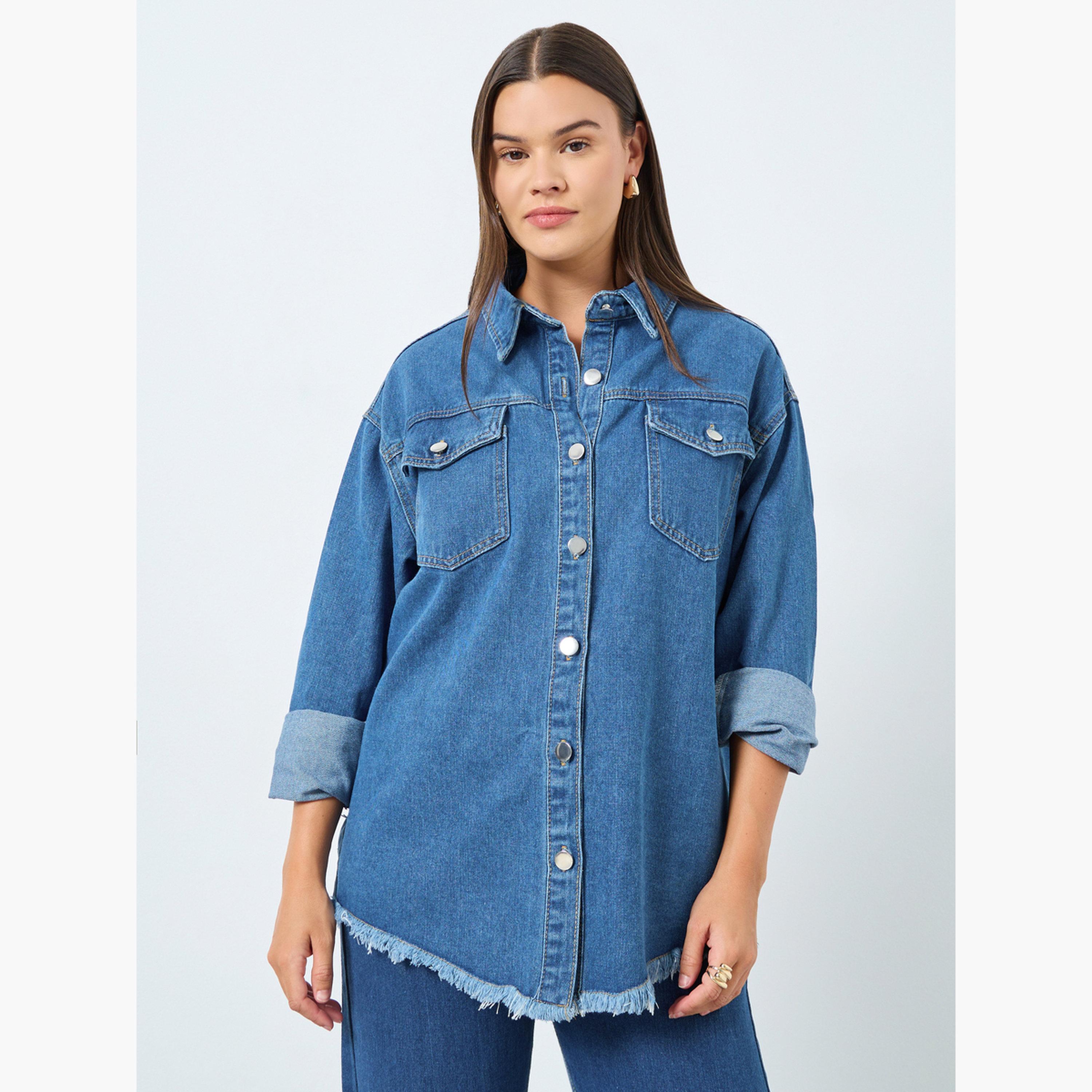 ستايلي - قميص جينز أزرق متوسط ​​الحجم مع جيوب للنساء-women-clothing-shirtsandblouses-shirts-image-1