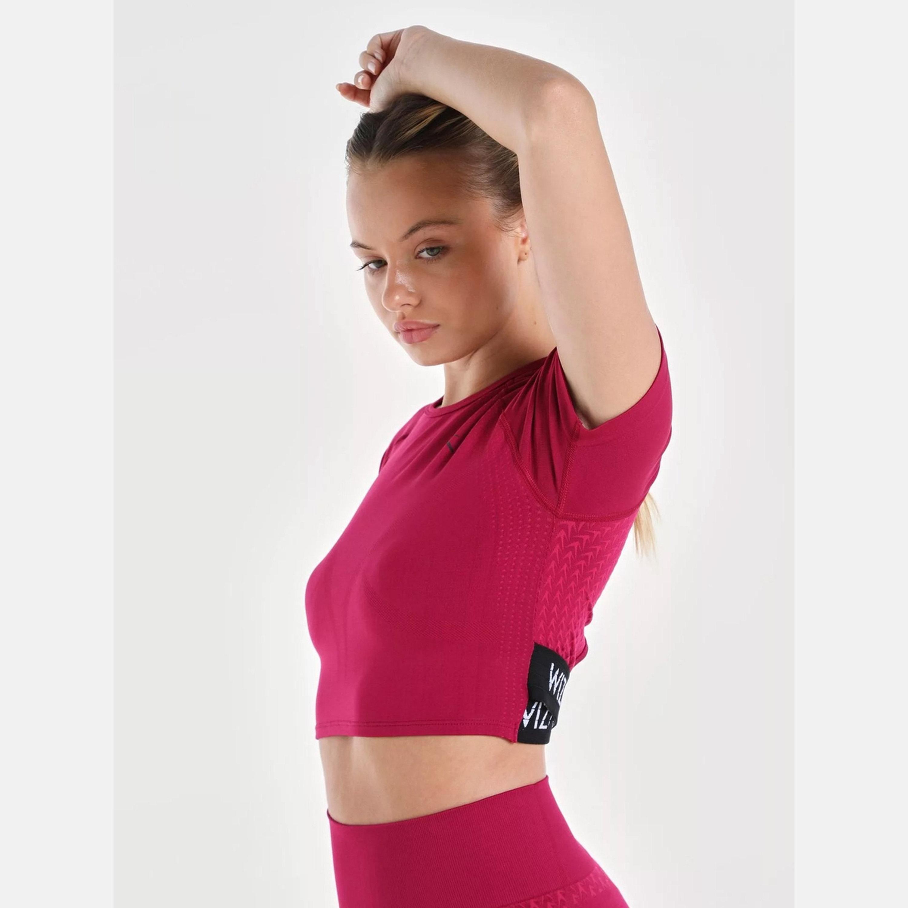 Wizard X Styli Women Burgundy Solid Impact Seamless Crop Top-women-clothing-tshirts-image-5