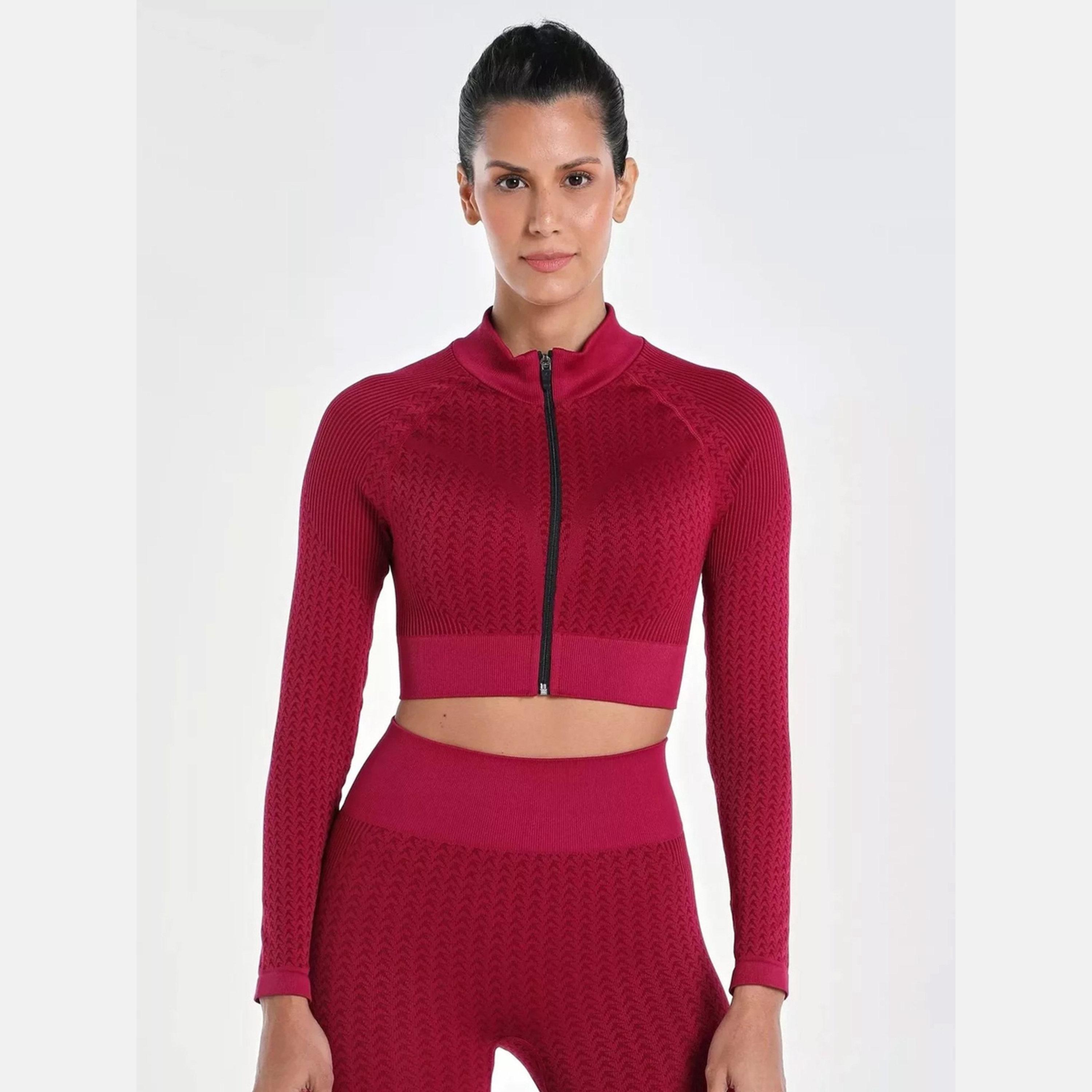 Wizard X Styli Women Burgundy Signature Seamless Crop Top with Zipper-sports-women-clothing-coatsandjackets-jackets-image-1