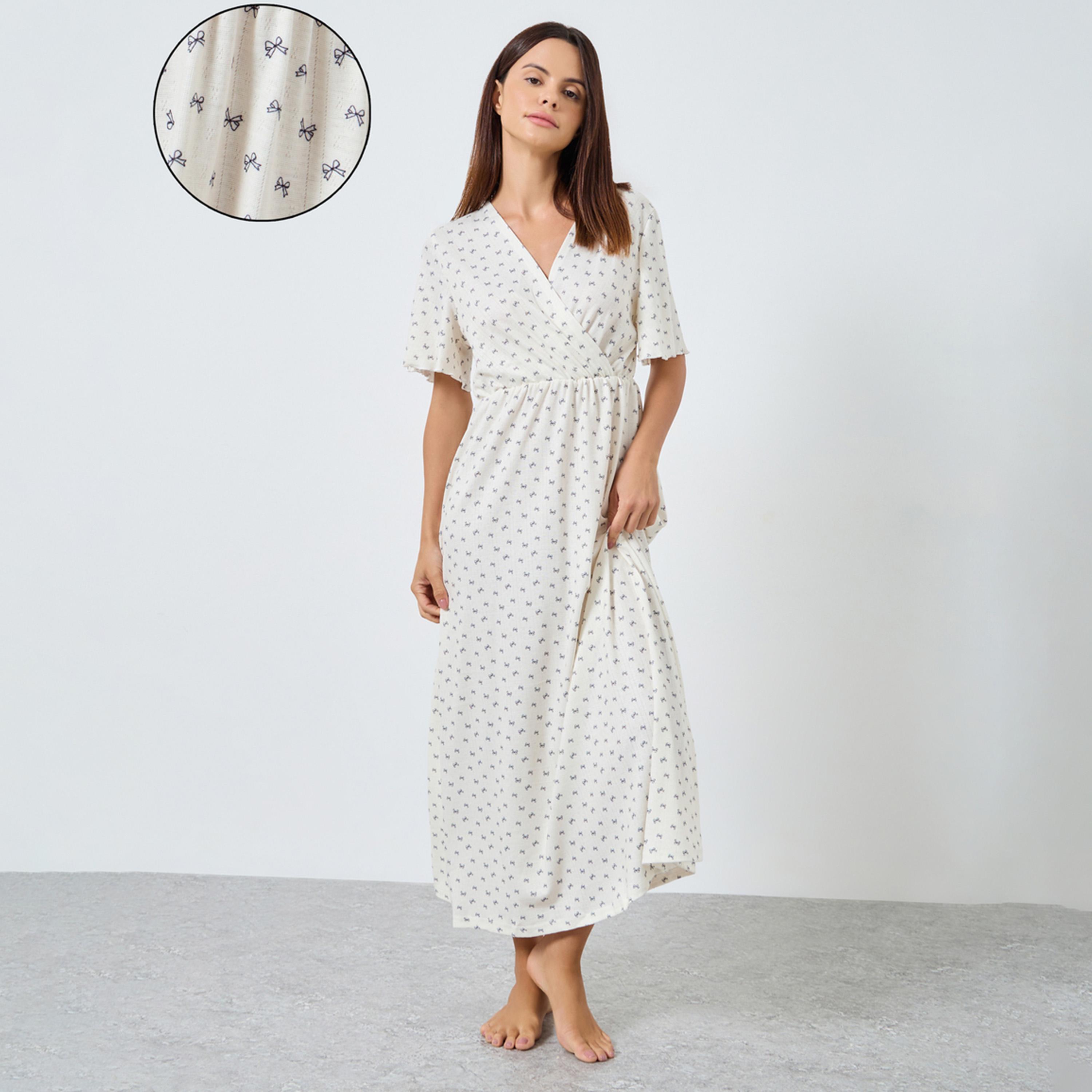 Styli Bow Print Pointelle Wrapover Nightdress-women-clothing-nightwear-nighties-image-1