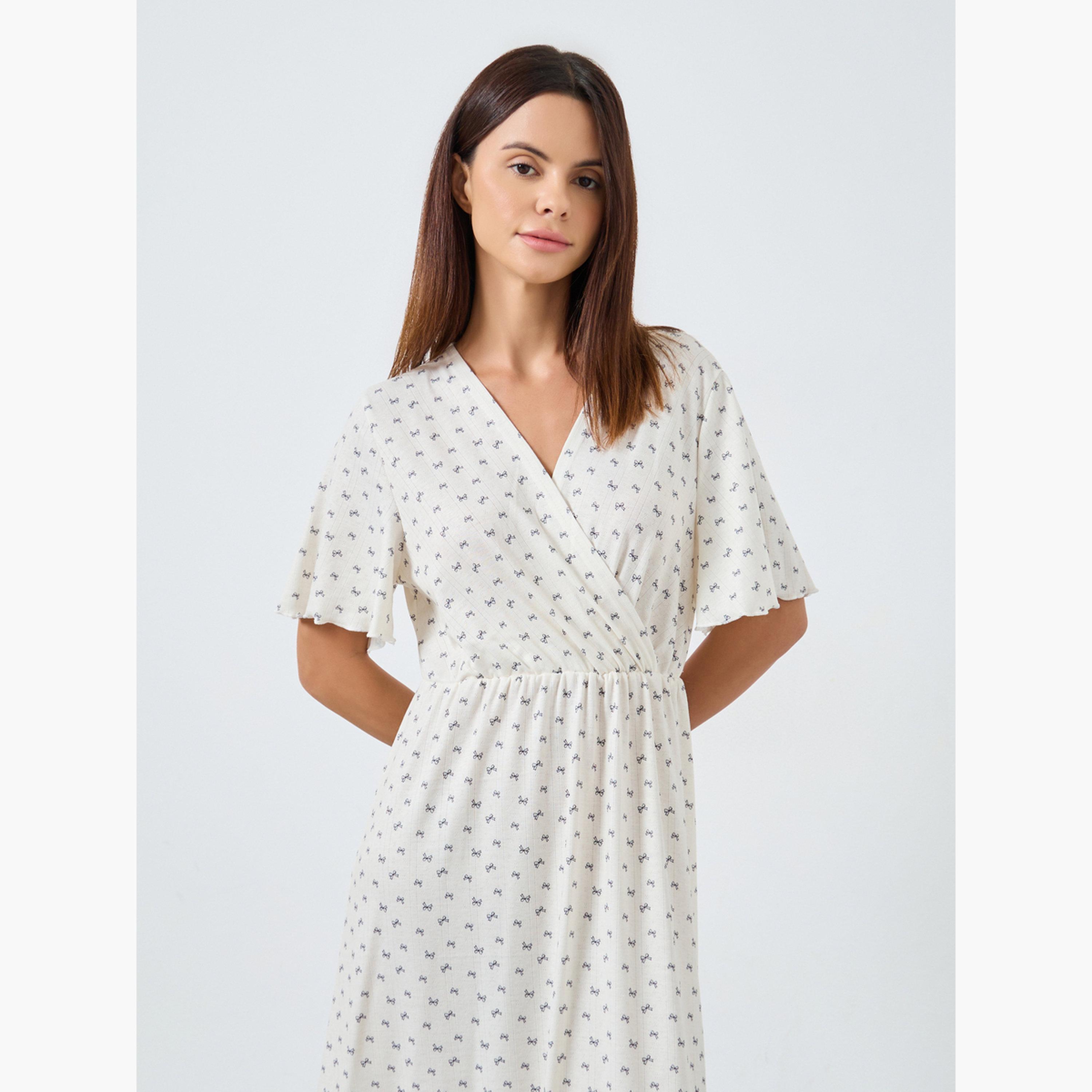 Styli Bow Print Pointelle Wrapover Nightdress-women-clothing-nightwear-nighties-image-2