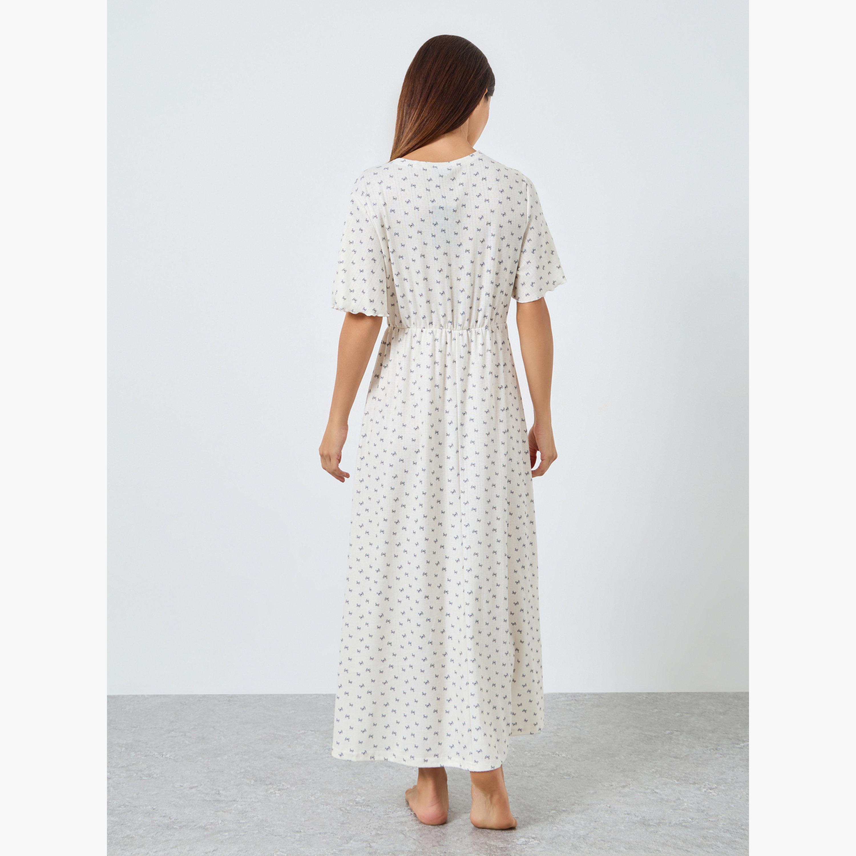 Styli Bow Print Pointelle Wrapover Nightdress-women-clothing-nightwear-nighties-image-3