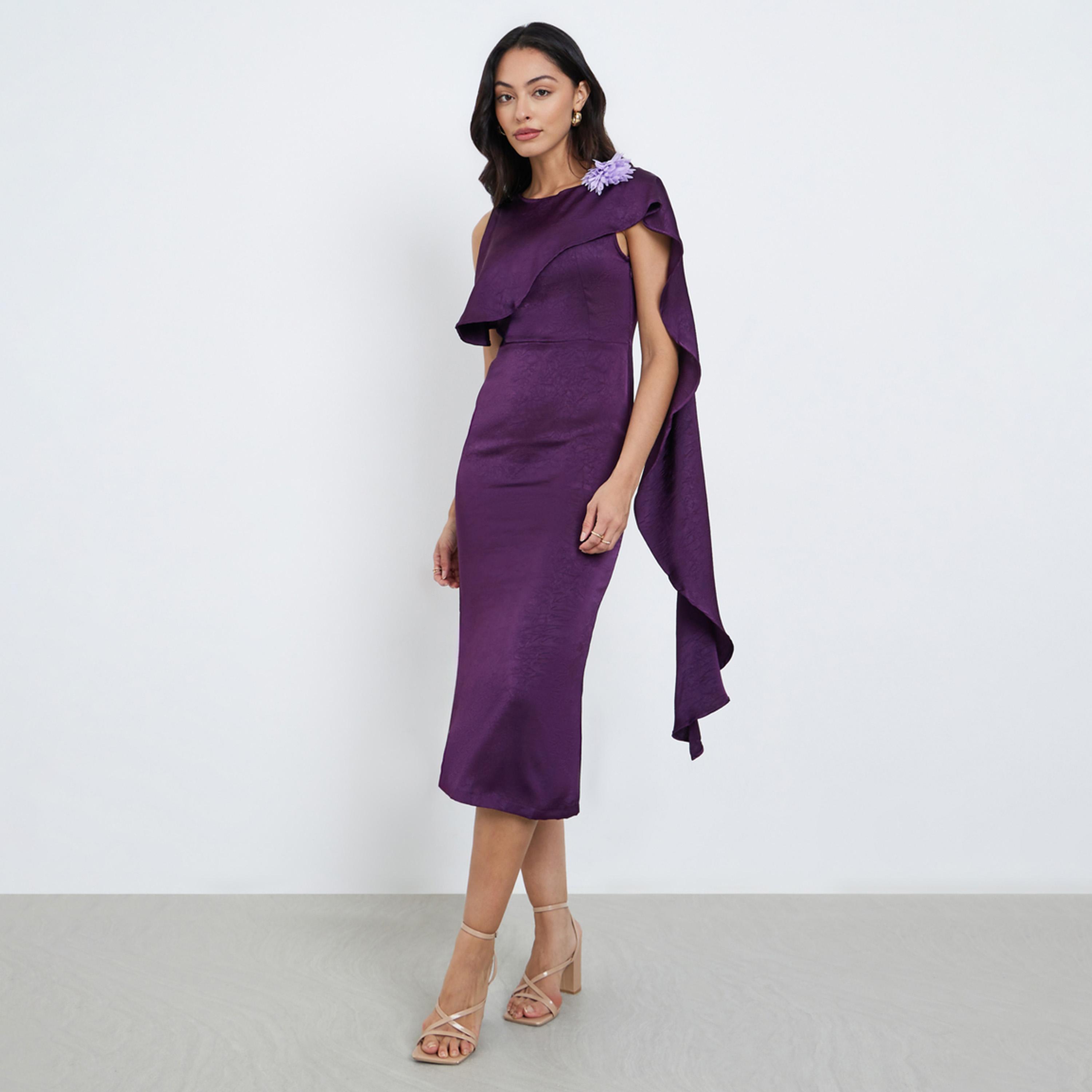 Styli Purple Draped Midi Dress with Corsage Detail-women-clothing-dresses-image-1