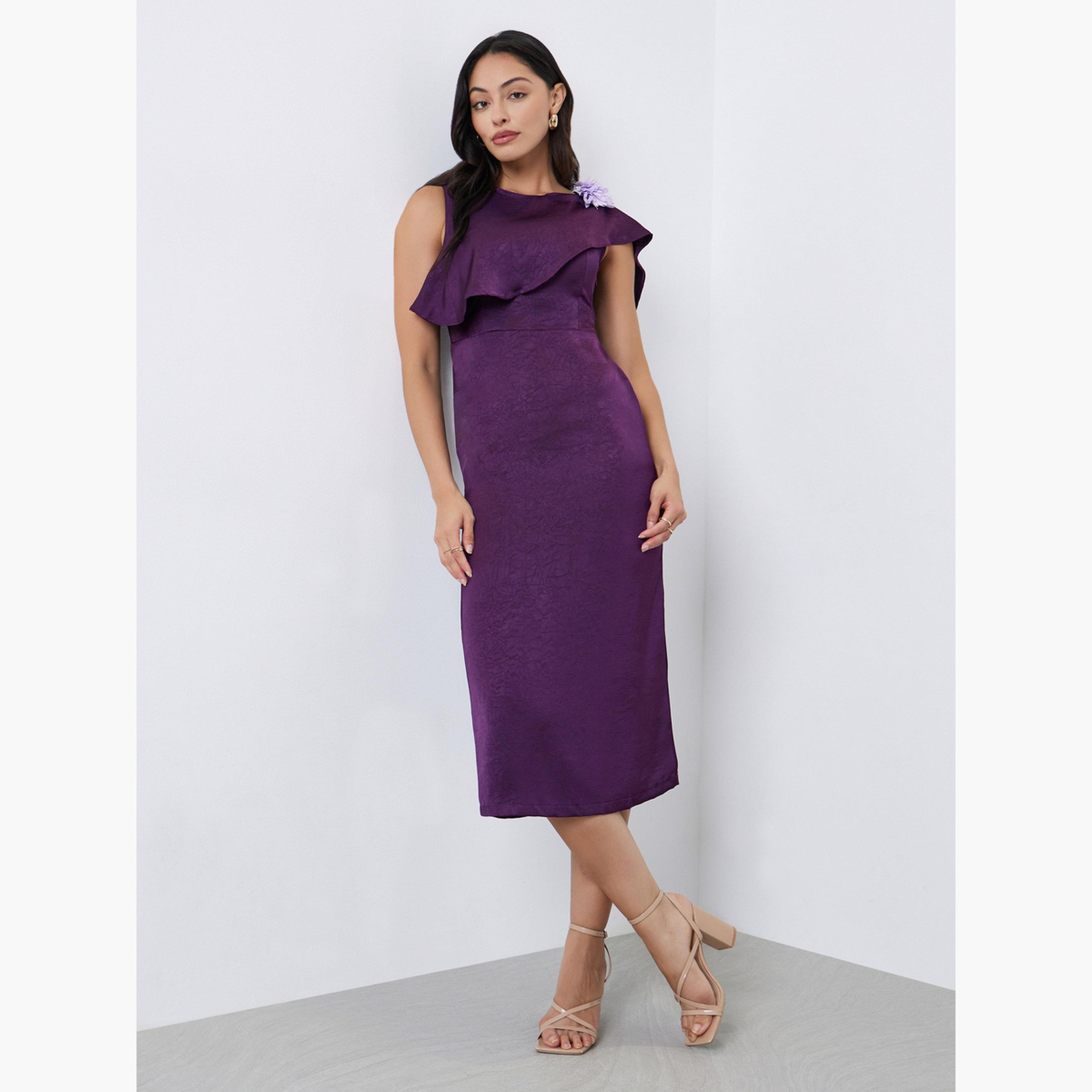 ستايلي - فستان ميدي أرجواني منسدل مع تفاصيل كورساج-women-clothing-dresses-image-2