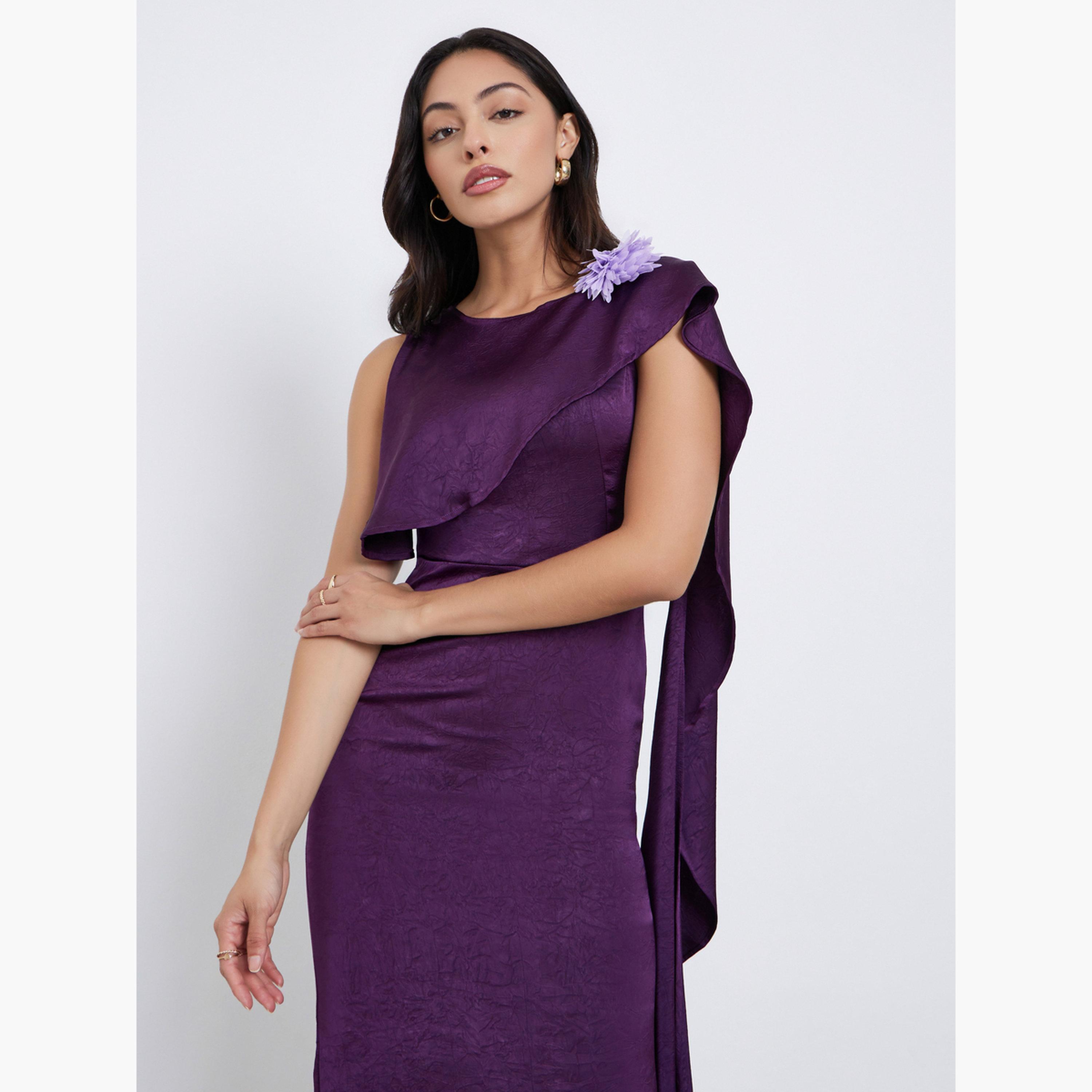 ستايلي - فستان ميدي أرجواني منسدل مع تفاصيل كورساج-women-clothing-dresses-image-3
