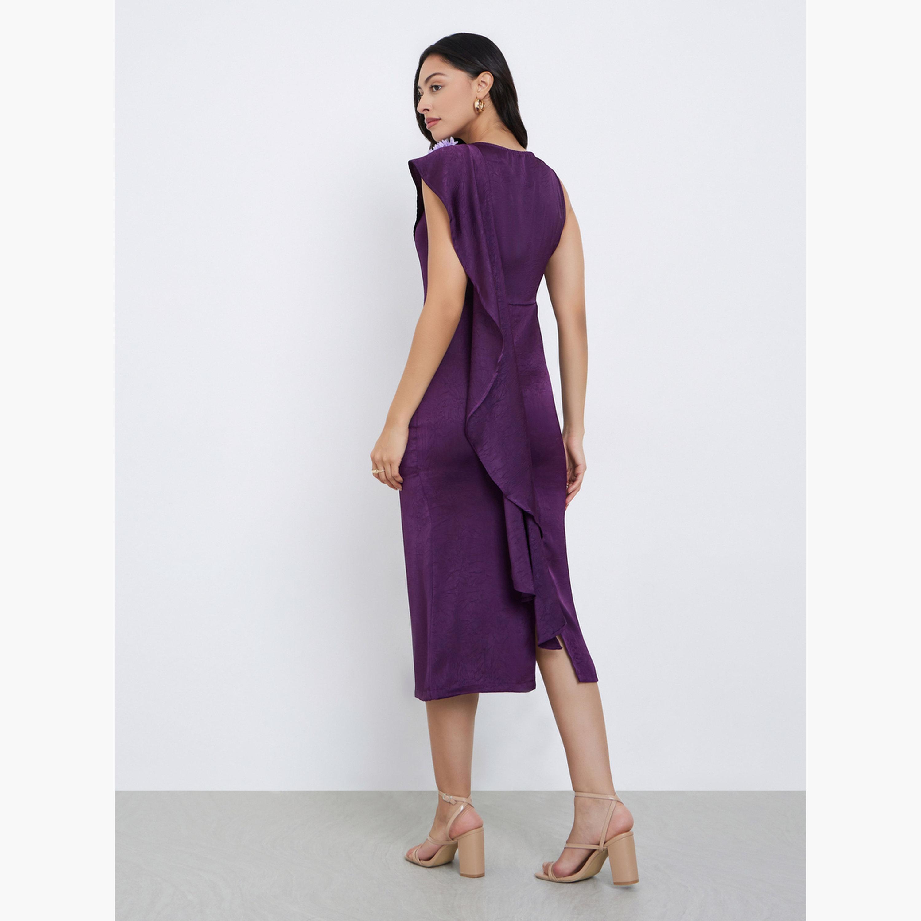 Styli Purple Draped Midi Dress with Corsage Detail-women-clothing-dresses-image-5