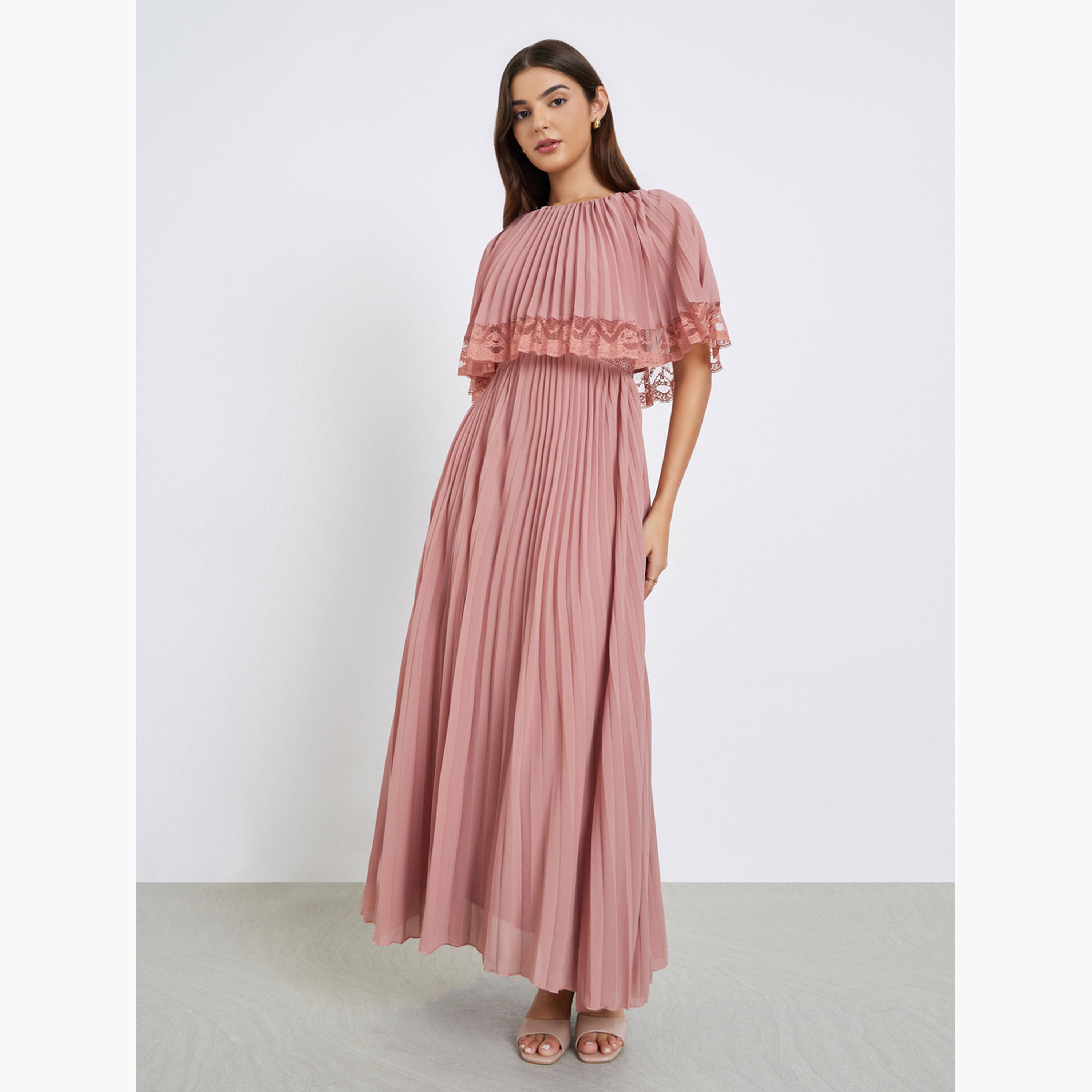 ستايلي - فستان سهرة ماكسي مطوي مع حواف من الدانتيل الوردي-women-clothing-dresses-image-1