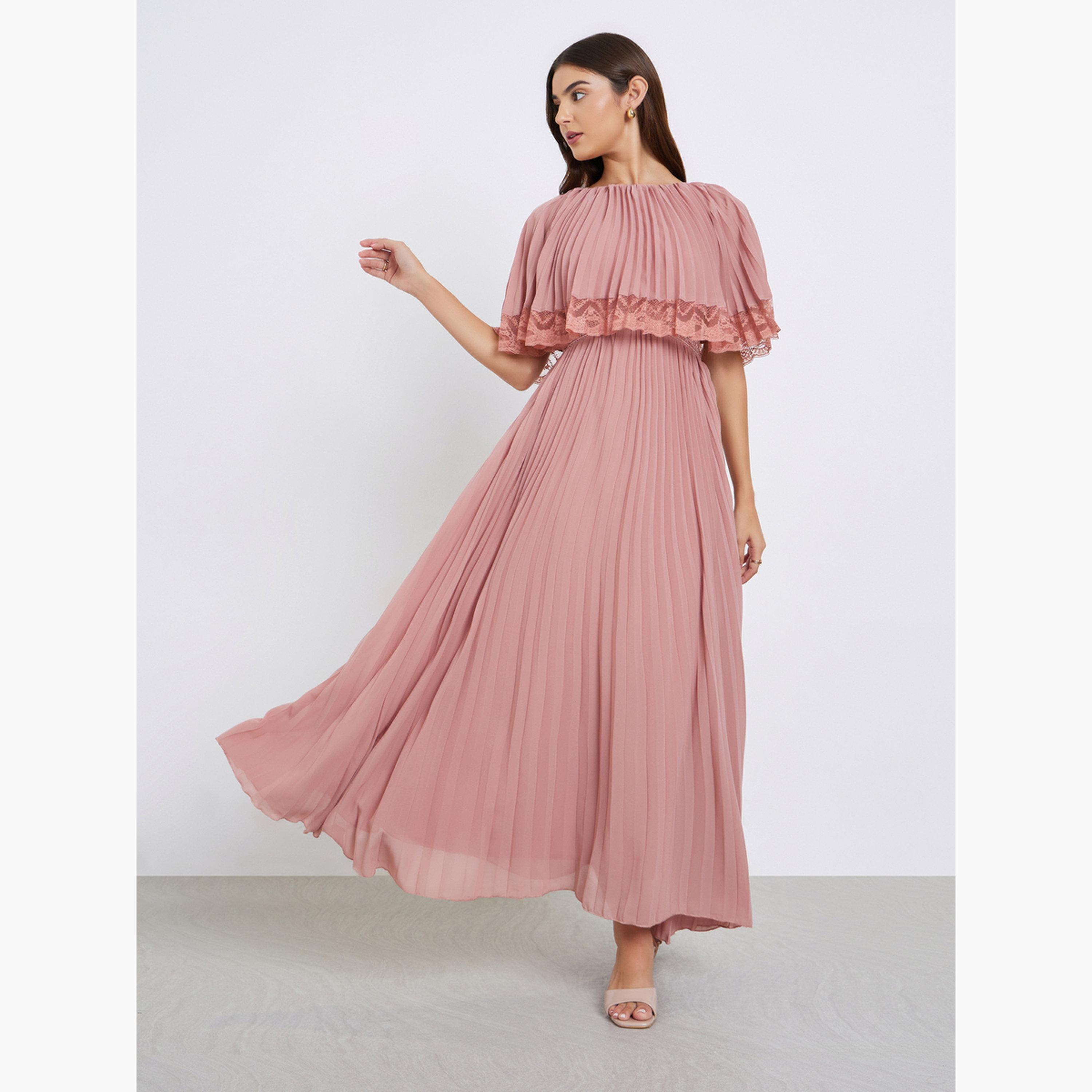 ستايلي - فستان سهرة ماكسي مطوي مع حواف من الدانتيل الوردي-women-clothing-dresses-image-2