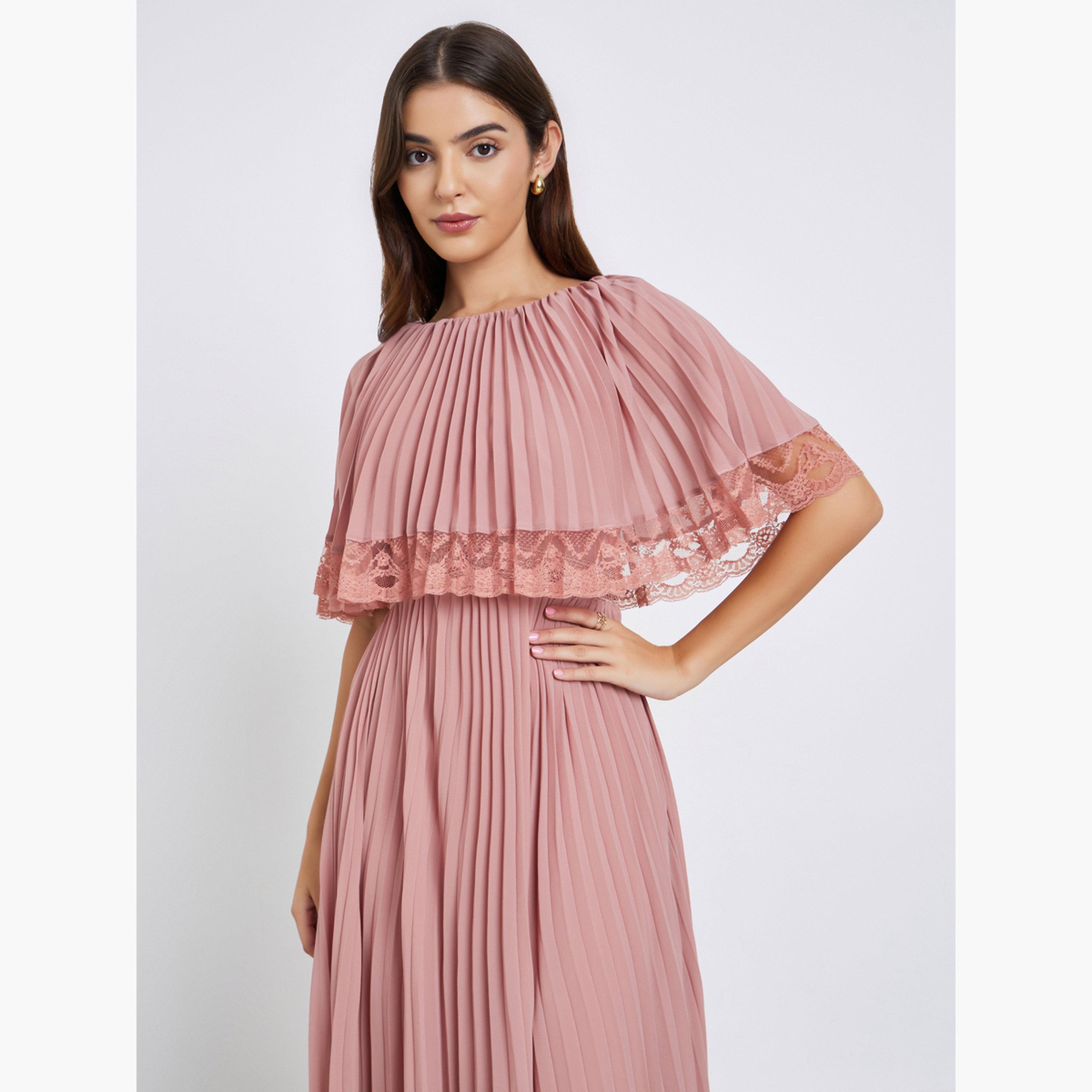 Styli Pink Lace Trim Pleated Maxi Evening Dress-women-clothing-dresses-image-3