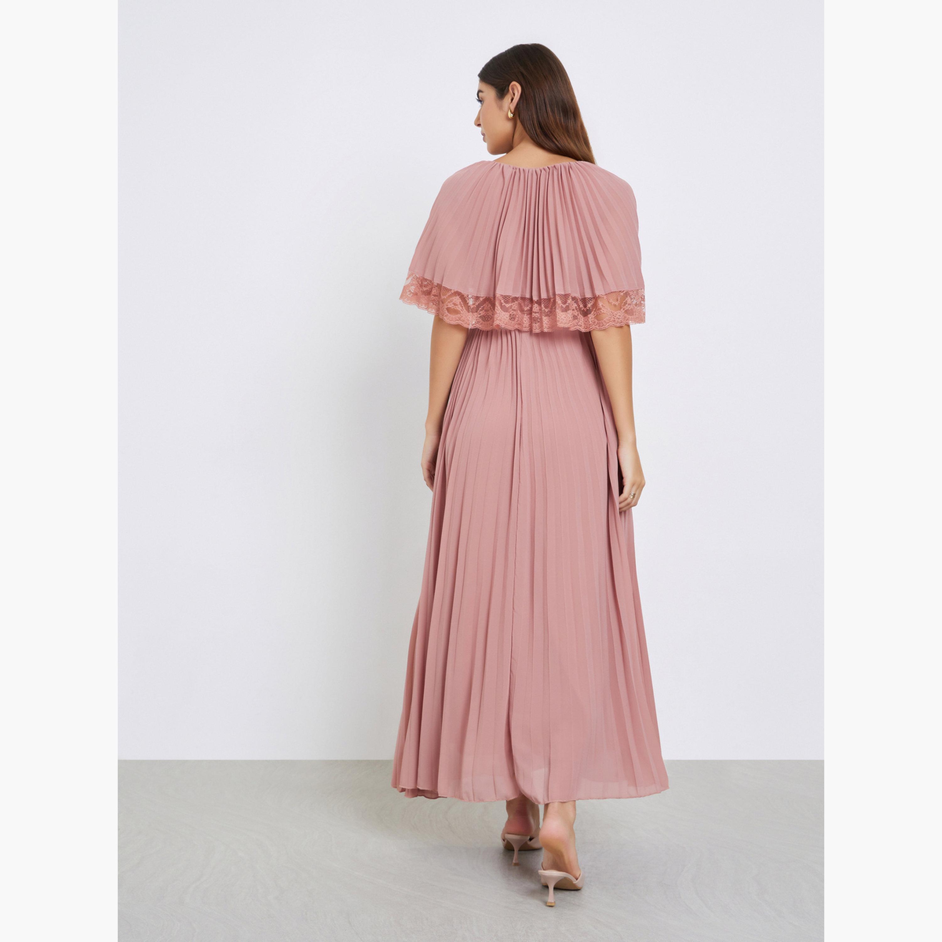 Styli Pink Lace Trim Pleated Maxi Evening Dress-women-clothing-dresses-image-4