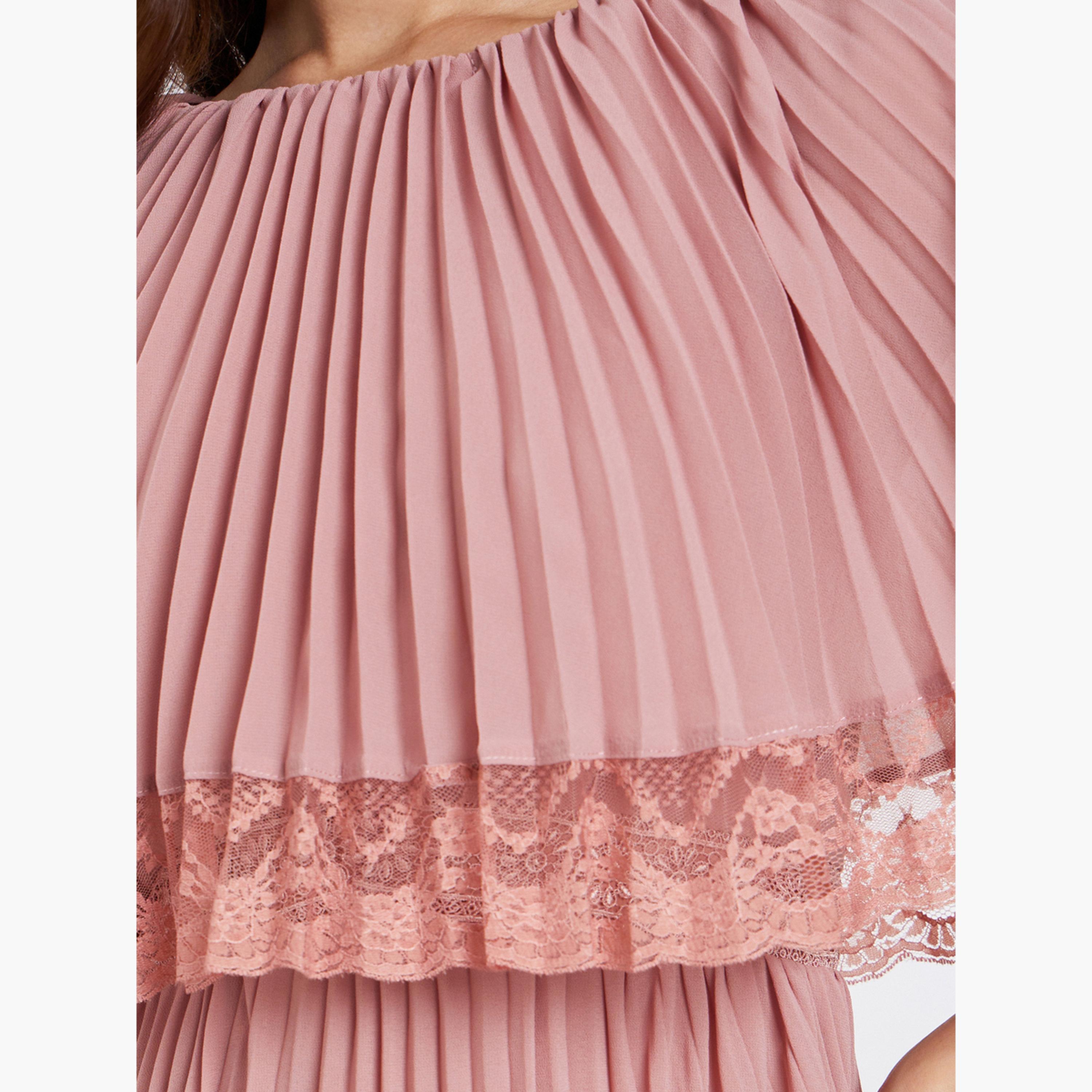 Styli Pink Lace Trim Pleated Maxi Evening Dress-women-clothing-dresses-image-5