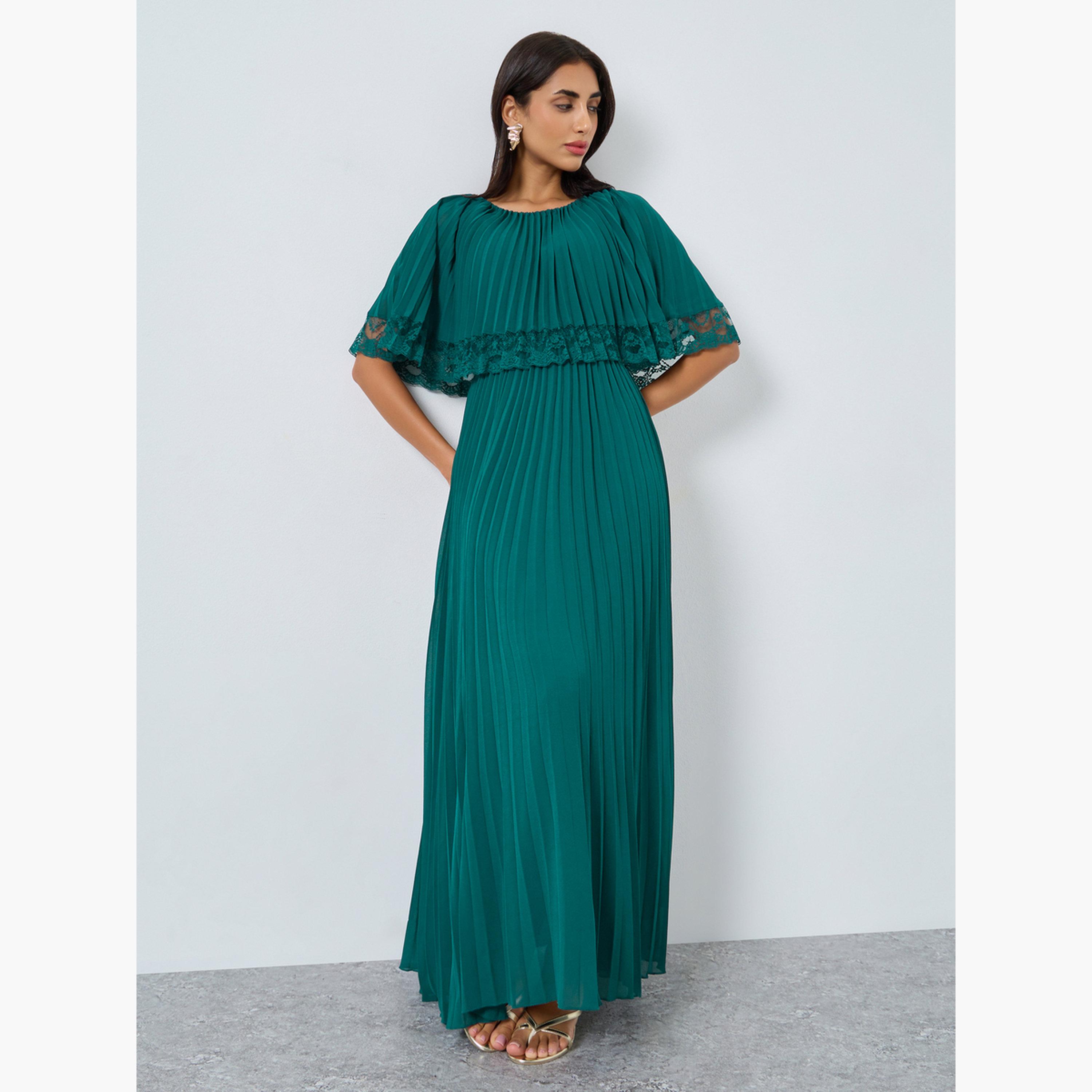 ستايلي - فستان سهرة ماكسي بثنيات مزين بالدانتيل لون أزرق فيروزي للنساء-women-clothing-dresses-image-1