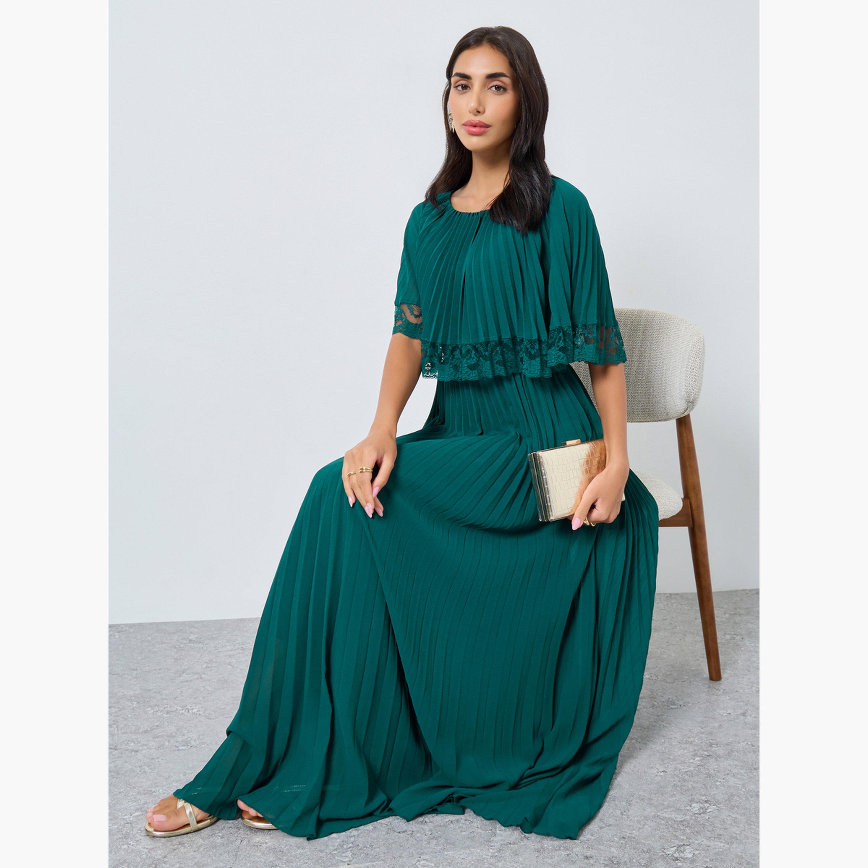 Styli Women Teal Lace Trim Pleated Maxi Evening Dress-women-clothing-dresses-image-2