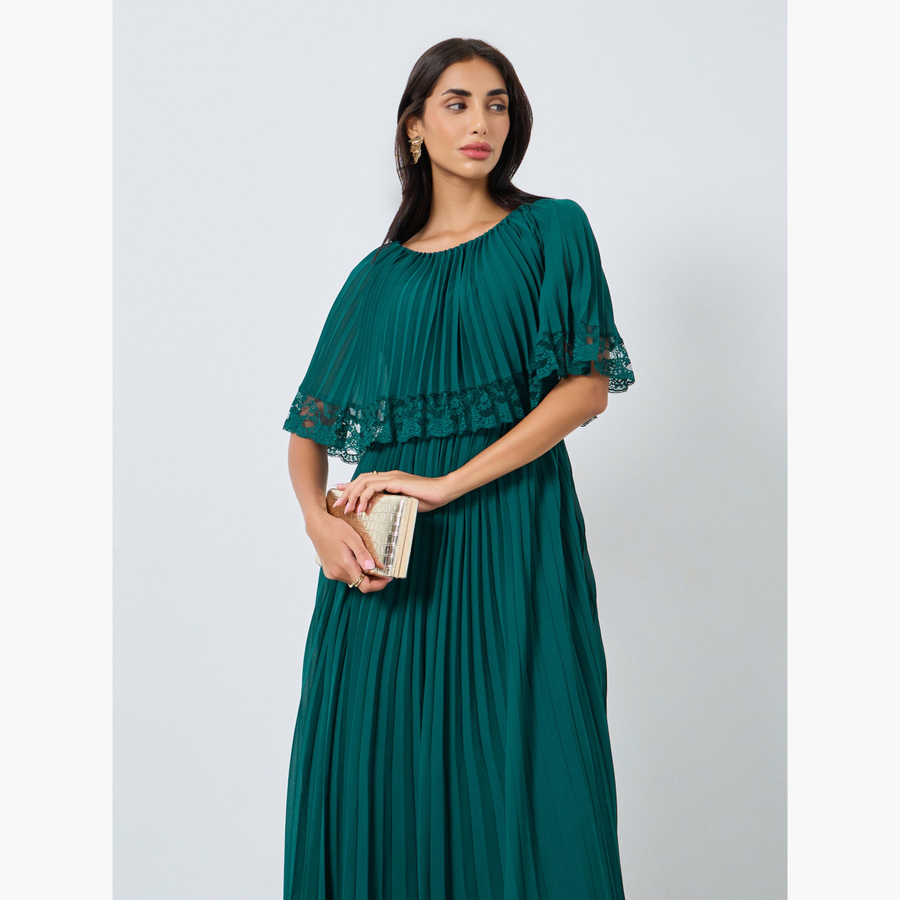 ستايلي - فستان سهرة ماكسي بثنيات مزين بالدانتيل لون أزرق فيروزي للنساء-women-clothing-dresses-image-3