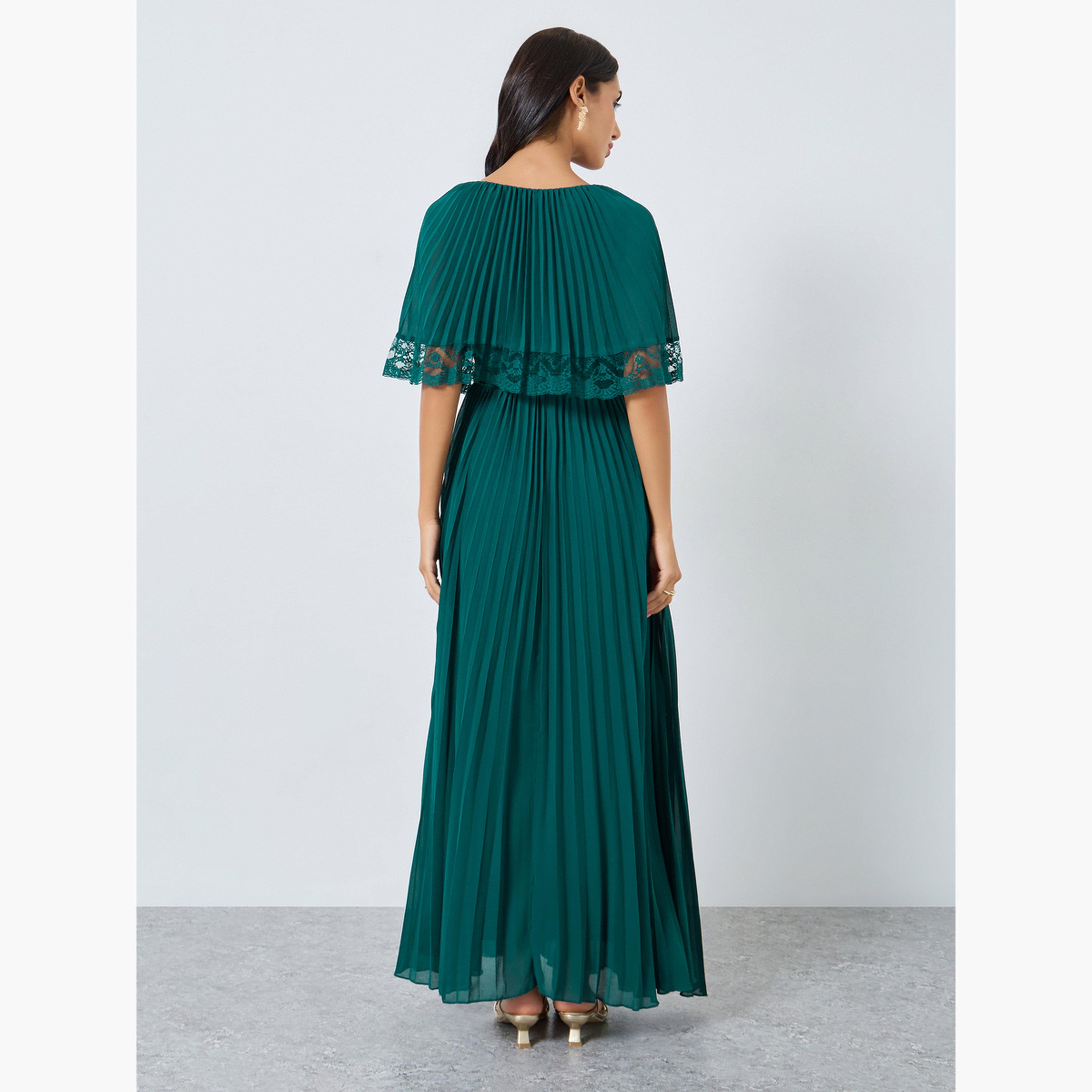 Styli Women Teal Lace Trim Pleated Maxi Evening Dress-women-clothing-dresses-image-4