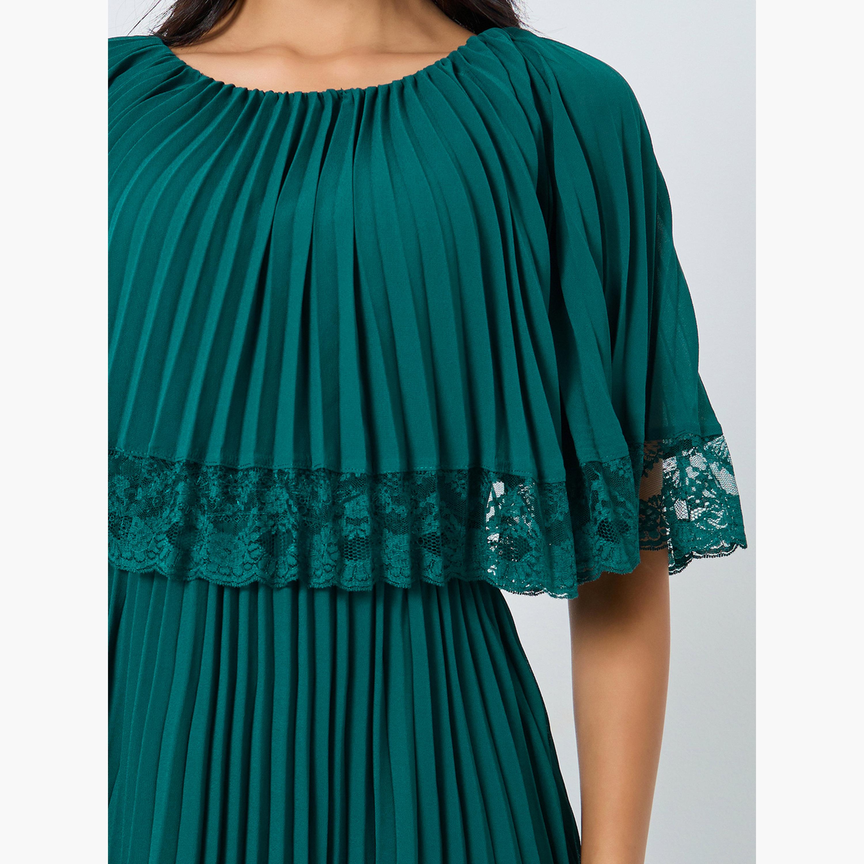 ستايلي - فستان سهرة ماكسي بثنيات مزين بالدانتيل لون أزرق فيروزي للنساء-women-clothing-dresses-image-5