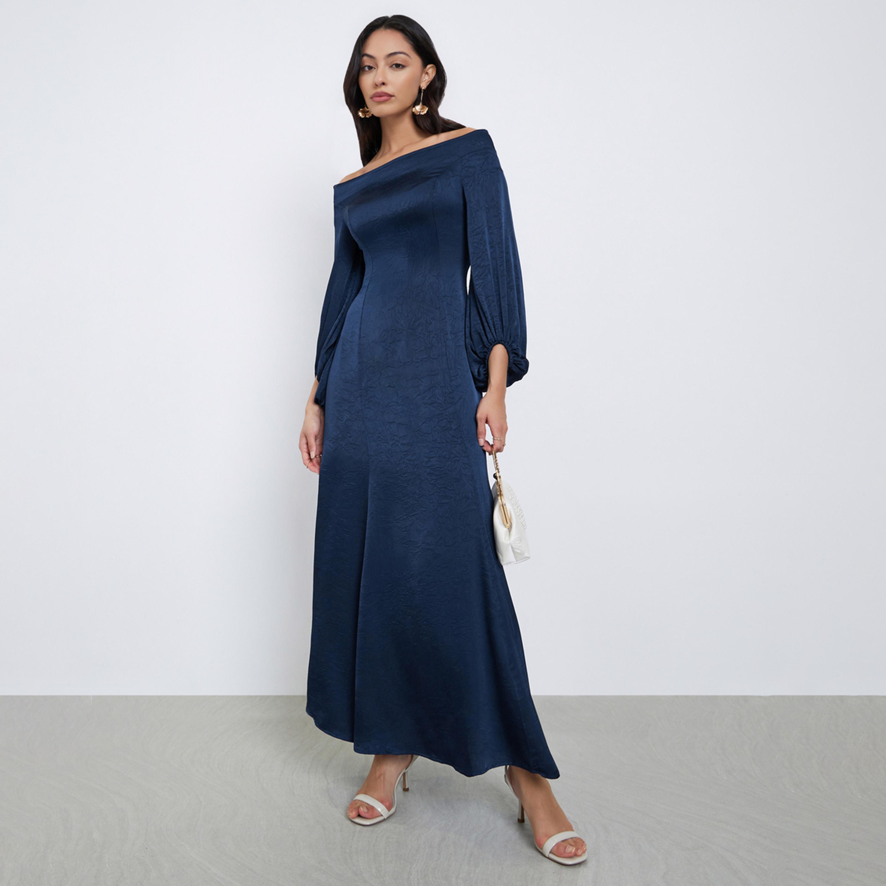 Buy Styli Navy Blue Off Shoulder Maxi Evening Dress Online | Centrepoint  Qatar