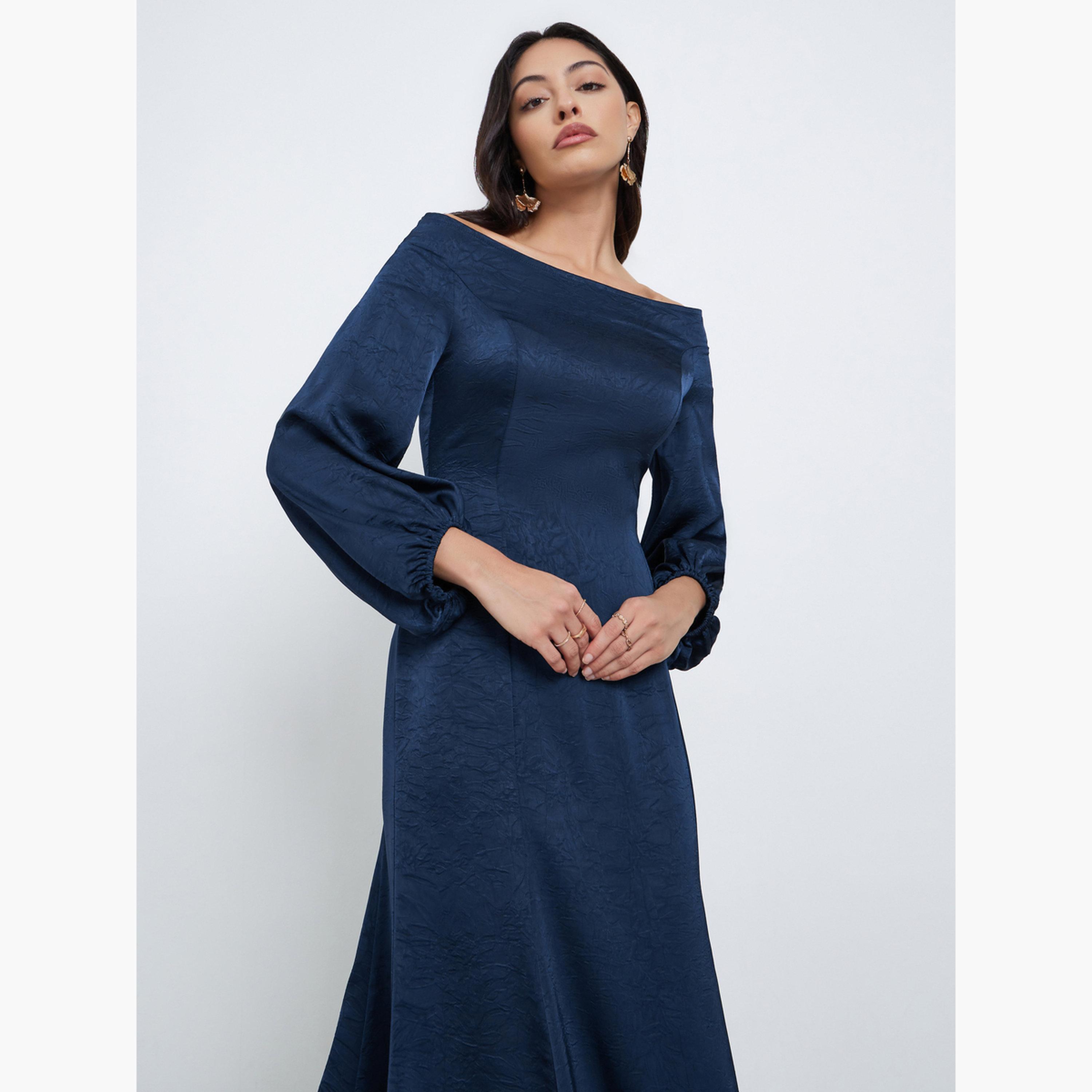 ستايلي - فستان سهرة ماكسي أزرق داكن مكشوف الكتفين-women-clothing-dresses-image-2